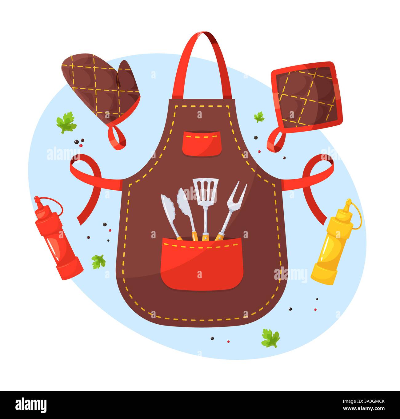 Grembiule da cucina con articoli da cucina. Forniture e accessori per la cottura, senape e ketchup. Attrezzatura per grigliate per la preparazione di alimenti, posate. Cartone animato Illustrazione Vettoriale