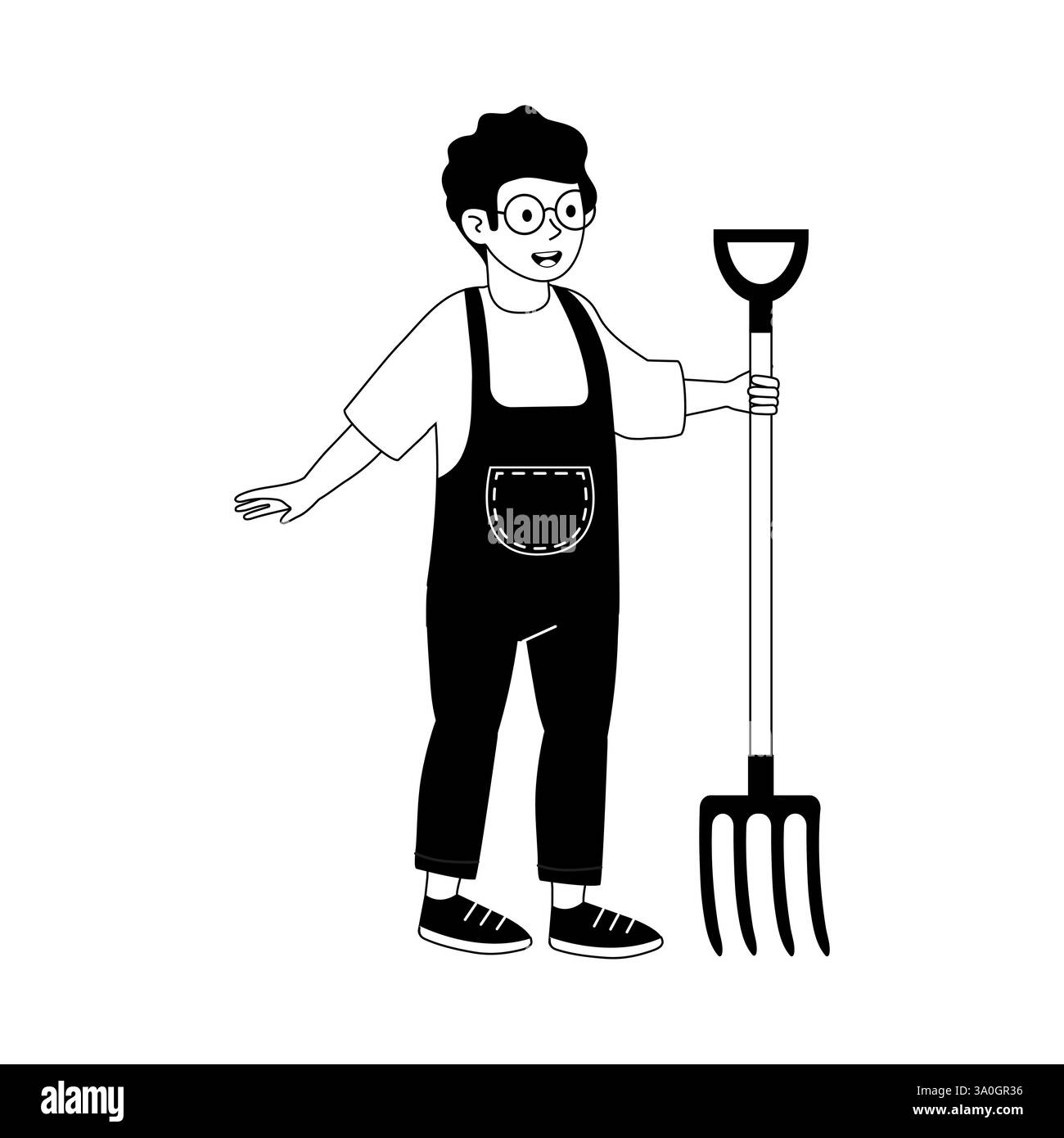 Il bambino in tuta tiene in mano uno strumento da giardinaggio mentre si trova all'aperto in un ambiente soleggiato Illustrazione Vettoriale