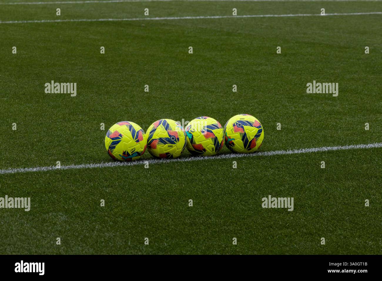palle da calcio allineate sull'erba Foto Stock