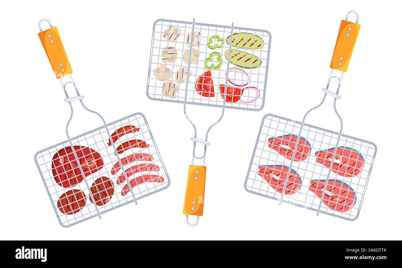 Cestino barbecue con carne, verdure e pesce. Grigliate e barbecue, barbecue in metallo con cibo. Forniture per cucinare, attrezzature per cucinare all'aperto, cartoni animati Illustrazione Vettoriale