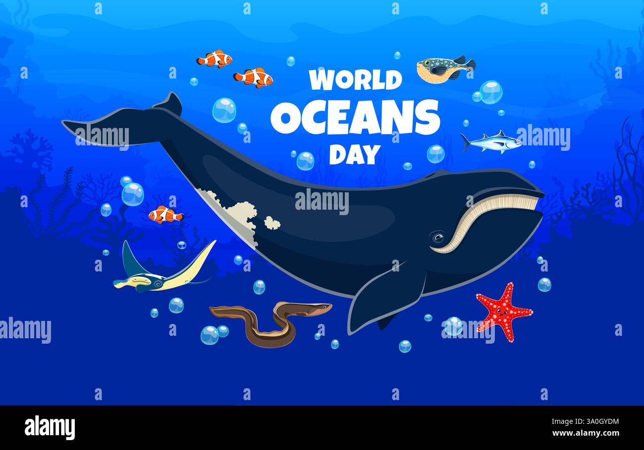 Bandiera mondiale degli oceani con balene e pesci della barriera corallina, manifesto vettoriale. Giornata mondiale dell'oceano per gli animali marini e la protezione dell'ambiente subacqueo o n Illustrazione Vettoriale
