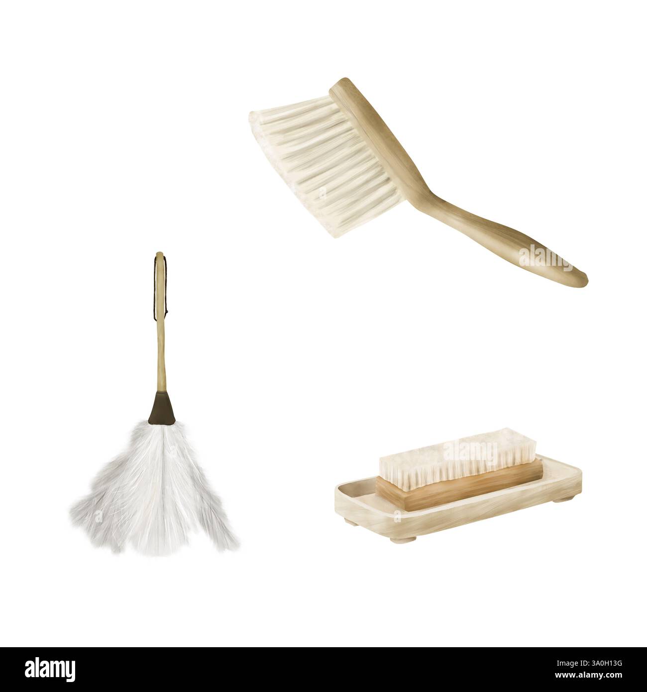 Set di spazzole con setole naturali e polvere di piume. Illustrazione digitale acquerello. Spazzole con manico in legno e scopa in piuma isolata su ba bianca Foto Stock