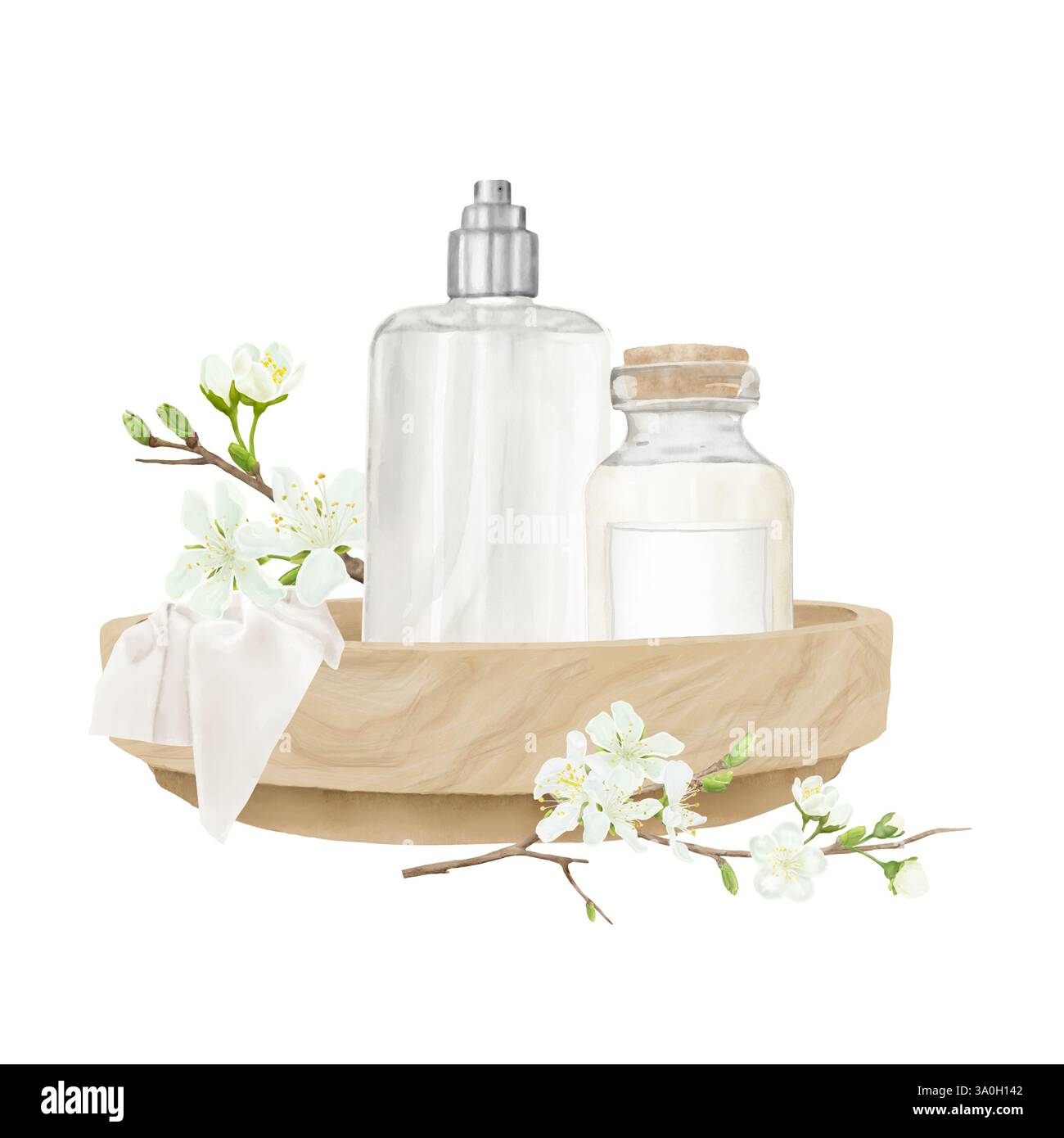 Dispenser di bottiglie e fiale di vetro in recipiente di legno. Illustrazione digitale acquerello. Rami di ciliegio e mela in fiore isolati su sfondo bianco. Kit Foto Stock