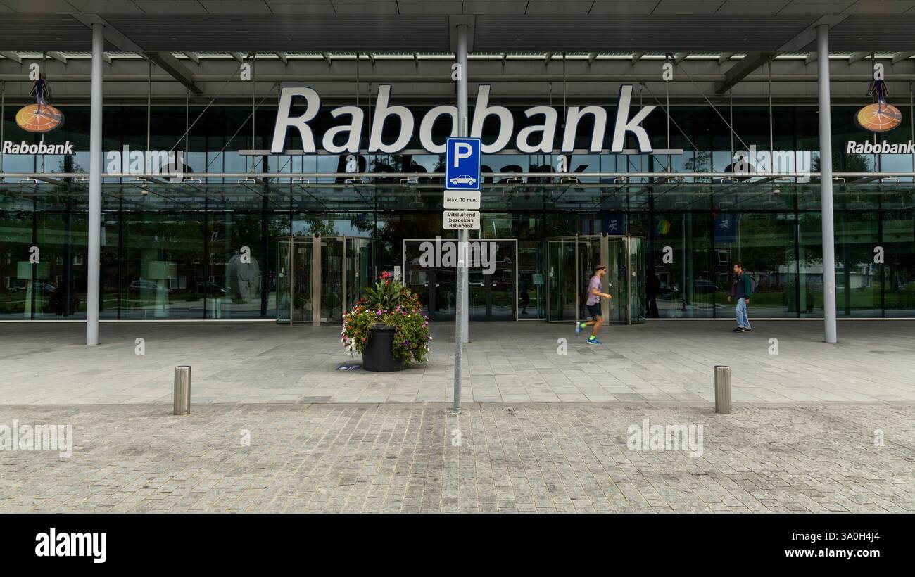 Logo Rabobank all'ingresso della sede centrale. Foto Stock