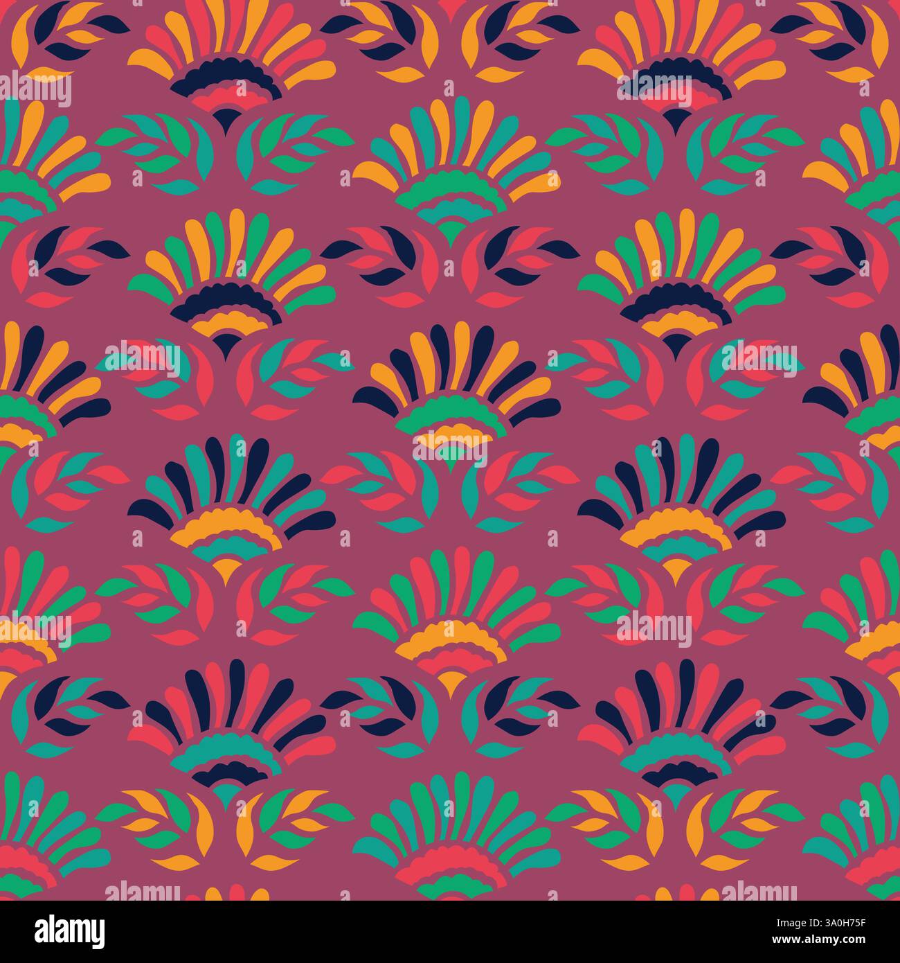 Motivo retrò senza cuciture con elementi floreali in stile scandinavo. Fiori geometrici stilizzati, 60s, 70s. progettazione di superfici, tessuti, carta, cartoleria. Illustrazione Vettoriale