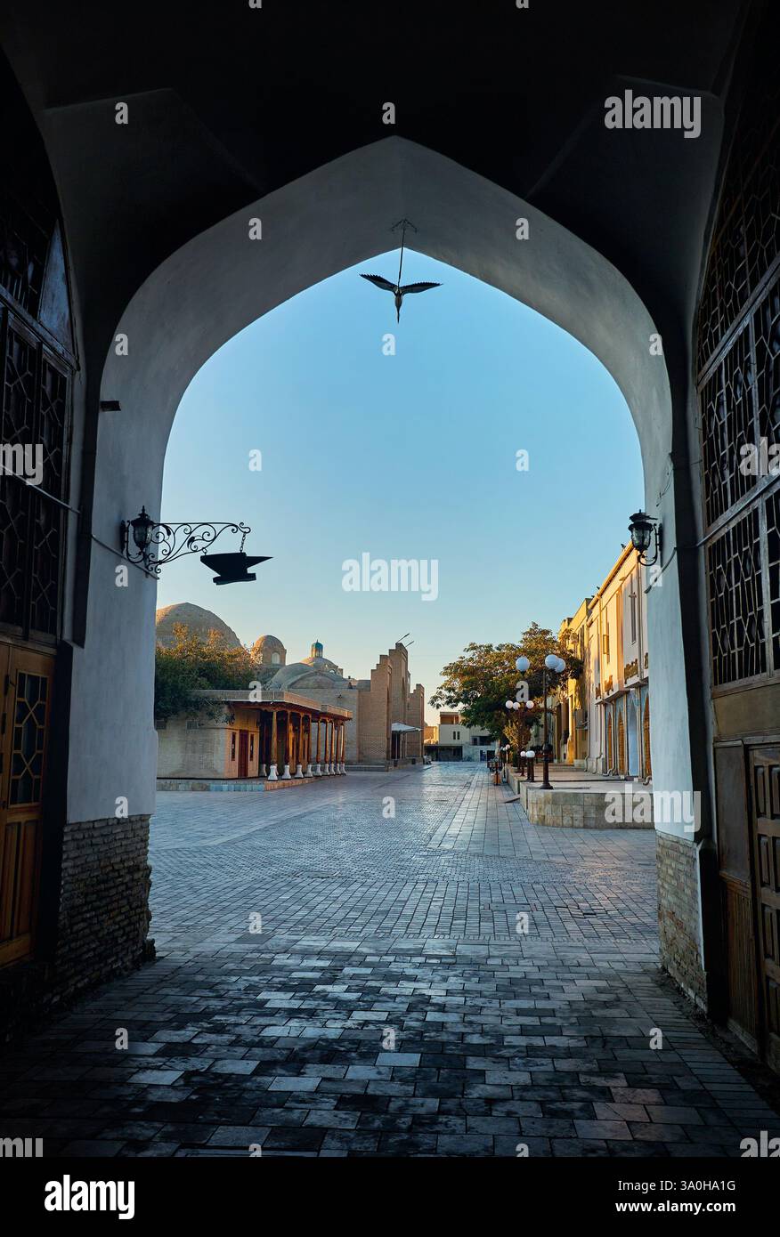 Vista della porta della piazza della cultura e del mercato cittadino all'alba a Bukhara, Uzbekistan Foto Stock