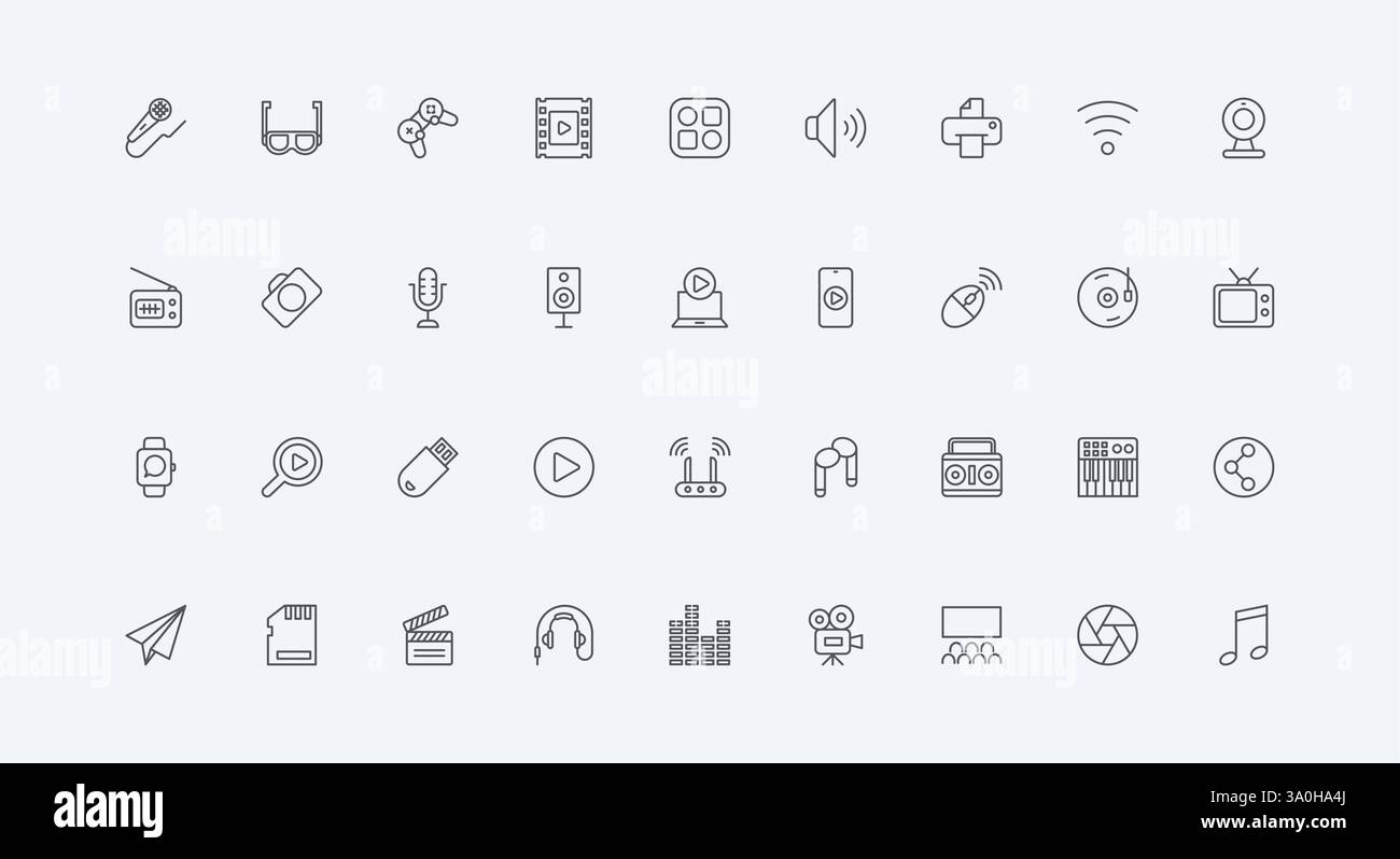 Tablet e computer, laptop e altoparlanti, microfono, simboli sottili di contorno neri illustrazione vettoriale. Dispositivo e gadget multimediale intelligente per riprodurre e registrare musica, ascoltare il set di icone della linea audio Illustrazione Vettoriale