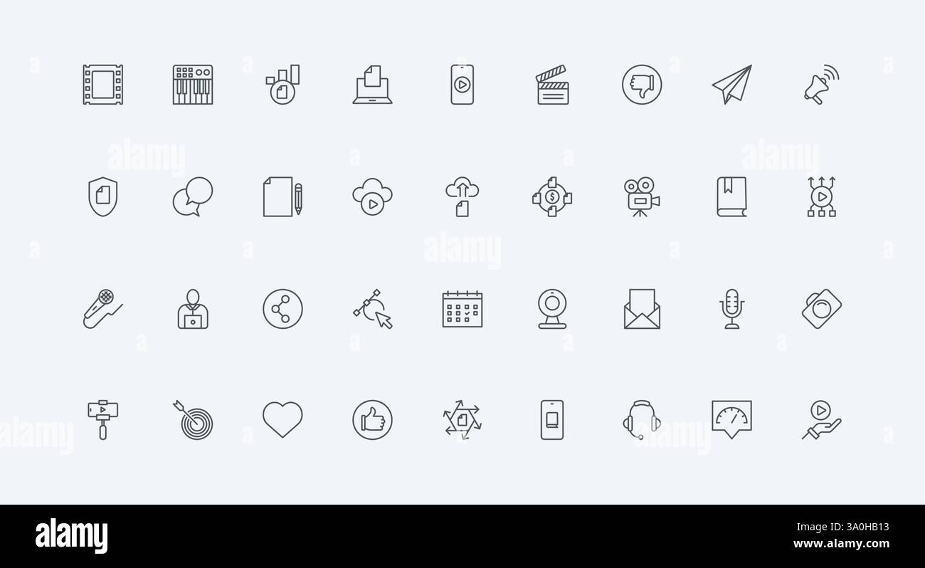 Registra video, testo di articoli e musica, campagna di promozione sui social media, simboli sottili di contorno neri, illustrazione vettoriale. Produzione e pubblicità di contenuti digitali in base al set di icone della linea autore Illustrazione Vettoriale