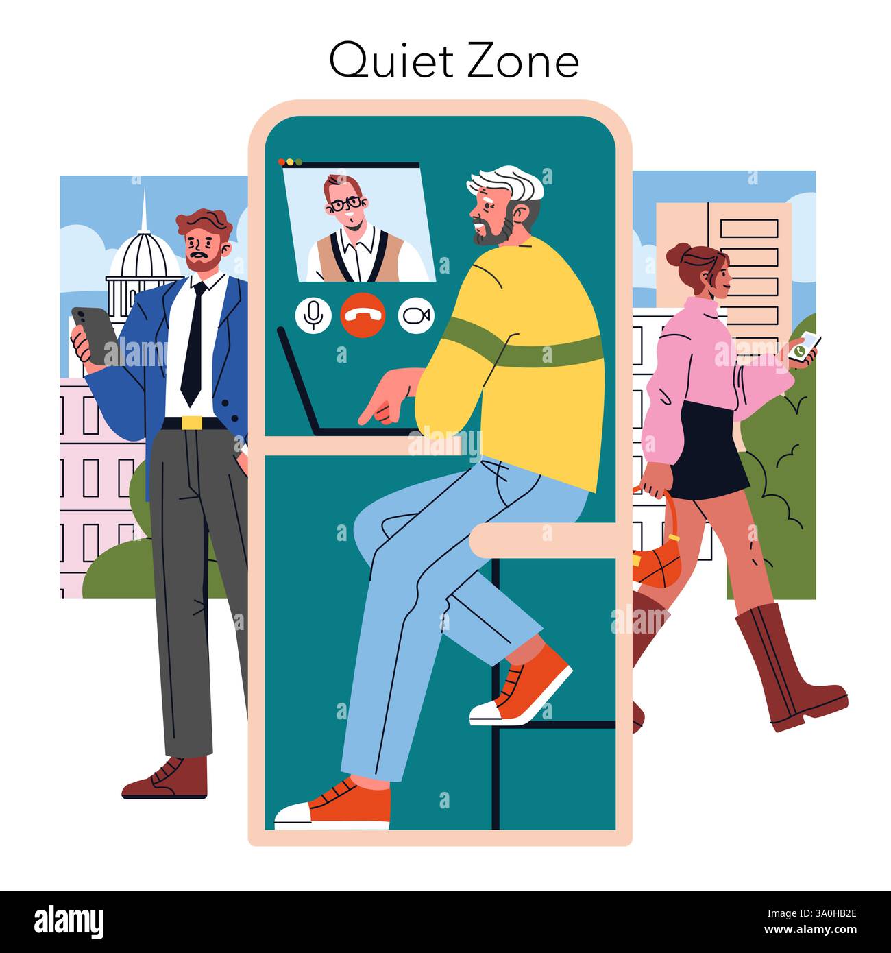 Moderno ambiente d'ufficio caratterizzato da una "zona tranquilla" in cui gli individui partecipano a riunioni virtuali. L'illustrazione mostra la necessità di spazi di lavoro mirati in mezzo all'attività urbana e alle interazioni sociali. Illustrazione vettoriale. Illustrazione Vettoriale