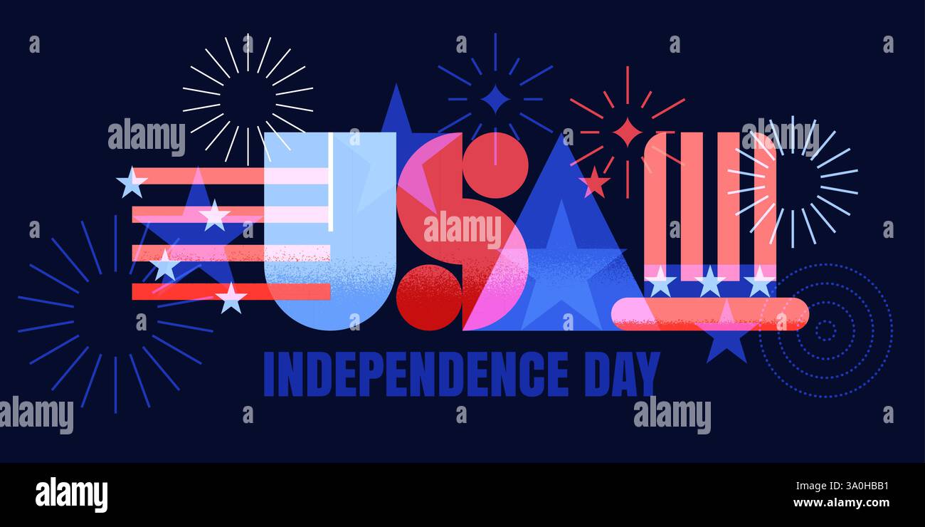 USA, bandiera americana, cappello e fuochi d'artificio su sfondo blu navy. Cartolina di auguri per le festività natalizie, striscione, templa di design per poster Illustrazione Vettoriale