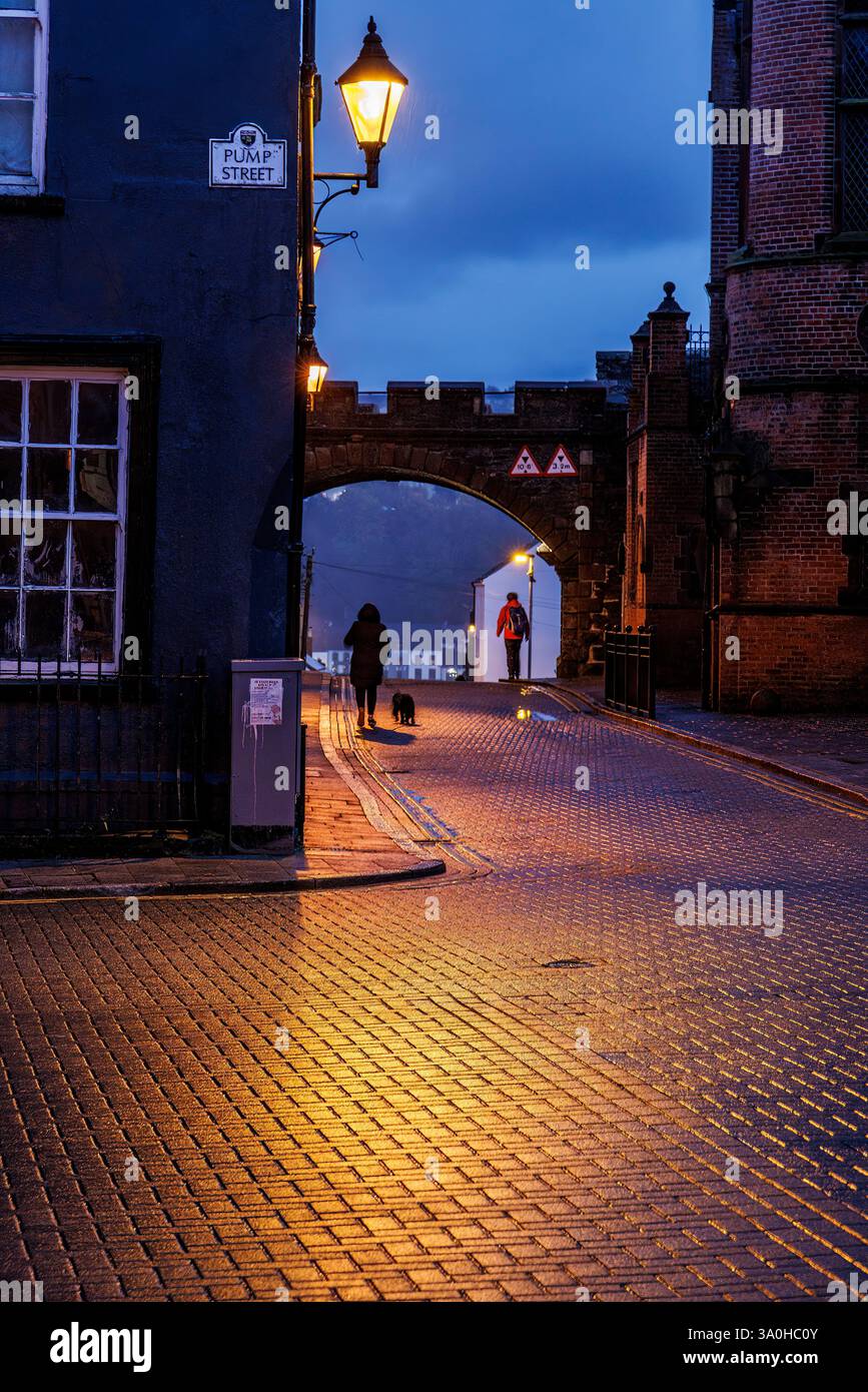 Luci stradali riflesse su strade bagnate di notte, Derry, Irlanda Foto Stock