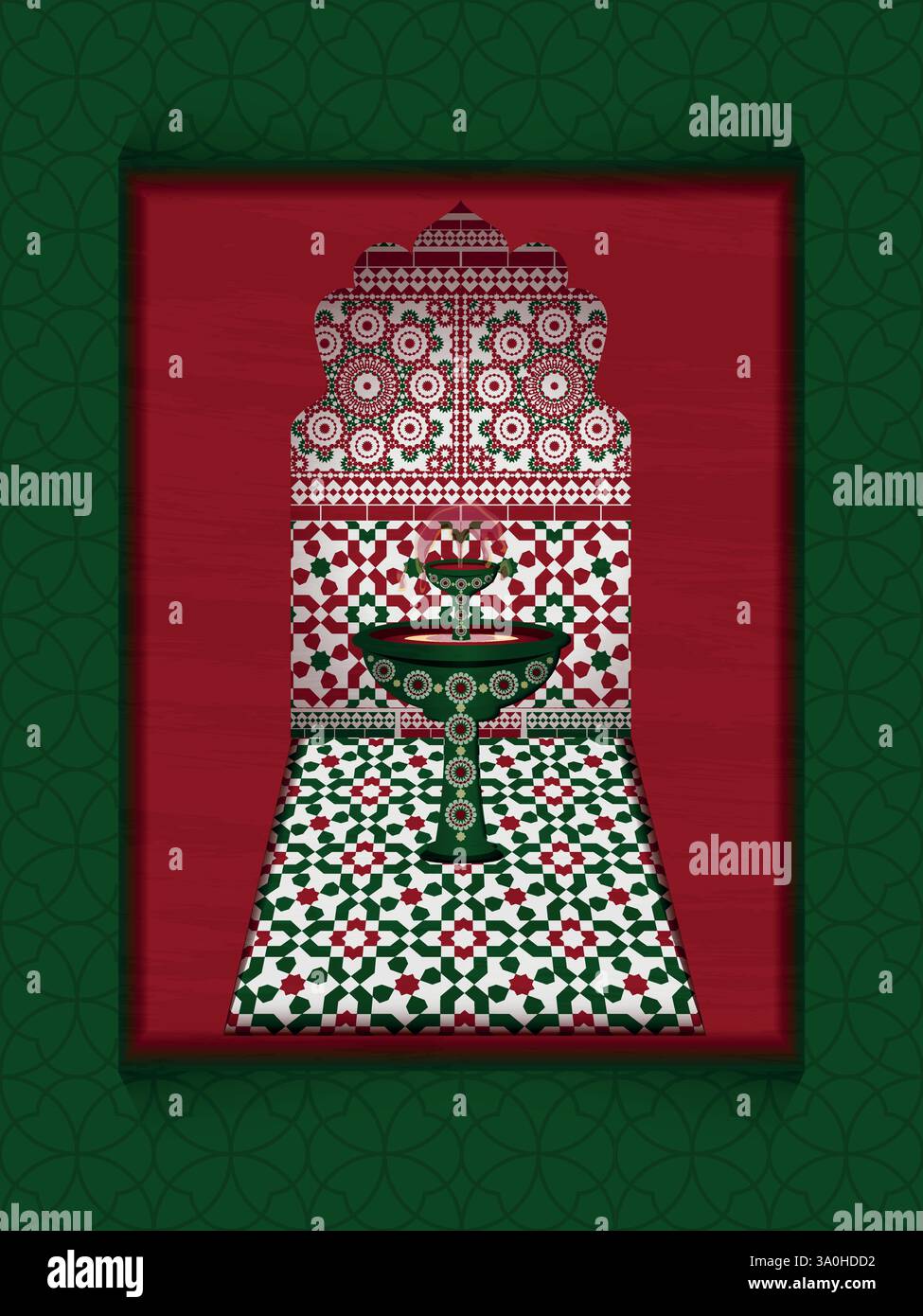 Intricata sala Mosaico con fontana e motivi decorativi in colori vivaci, a creare un ambiente vivace e culturale. Illustrazione Vettoriale