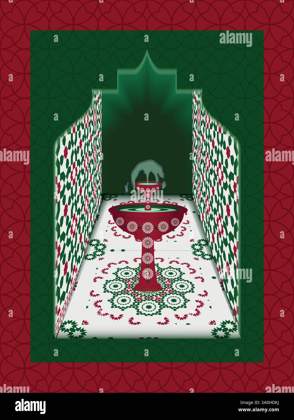 Intricata sala Mosaico con fontana e motivi decorativi in colori vivaci, a creare un ambiente vivace e culturale. Illustrazione Vettoriale