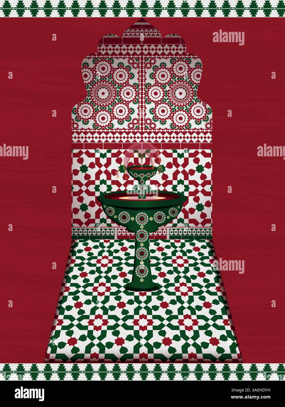 Intricata sala Mosaico con fontana e motivi decorativi in colori vivaci, a creare un ambiente vivace e culturale. Illustrazione Vettoriale