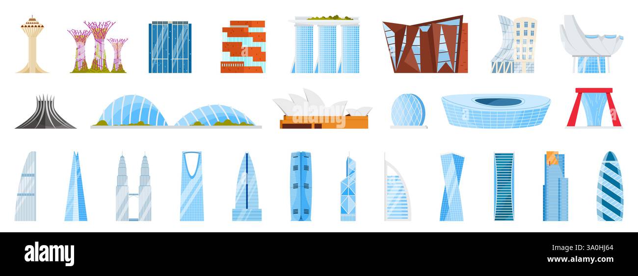 Set di vari monumenti architettonici moderni, edifici famosi in tutto il mondo e costruzioni urbane. Diversi design architettonici da tutto il mondo. Illustrazione Vettoriale