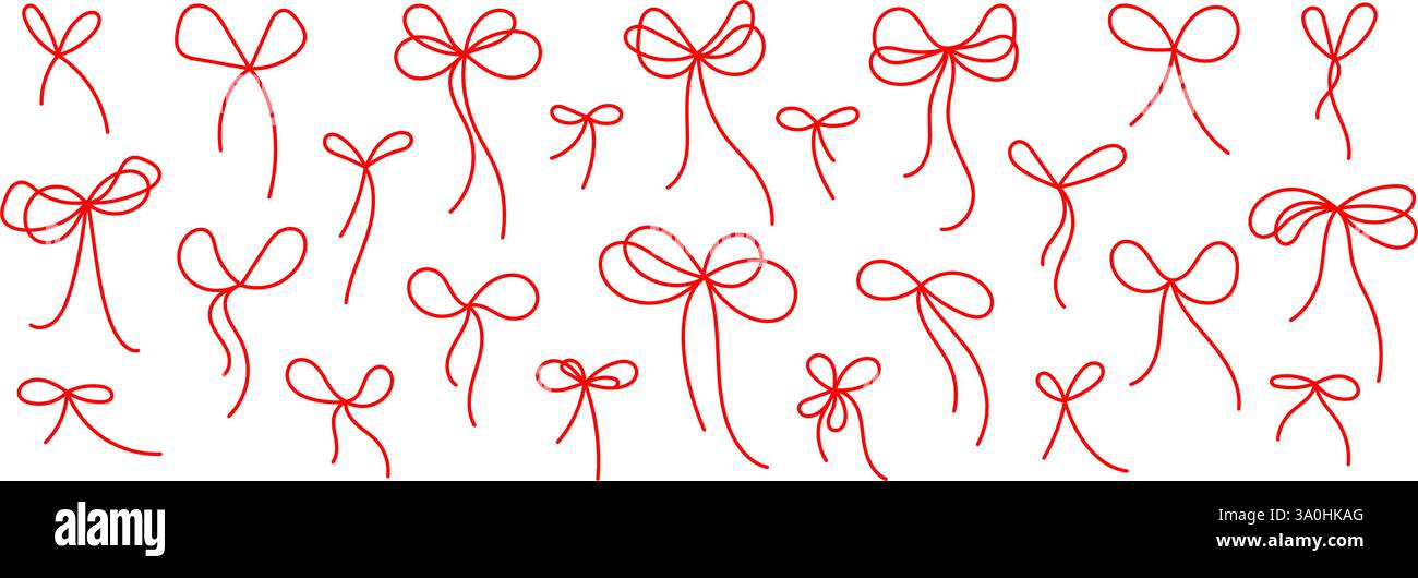 Nastro regalo con fiocco rosso. Raccolta linea minima. Confezione per le vacanze, regalo per le feste. Bordo del contorno nello stile di schizzo. Traccia semplice disegnata a mano isolata su Illustrazione Vettoriale