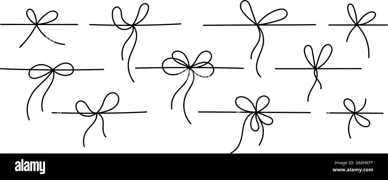 Nastro regalo con fiocco. Linea minima impostata. Elegante confezione natalizia, regalo natalizio. Bordo del contorno nello stile di schizzo. Corsa dello scarabocchio disegnata a mano isolata su wh Illustrazione Vettoriale