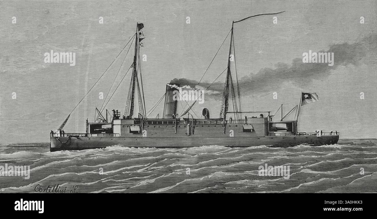 Incrociatore non protetto “Arturo Prat”. Costruito dalla Armstrong Whitworth & Co Ltd (Elswick, Newcastle, Inghilterra) per la Marina cilena. La sua costruzione iniziò nel 1879, durante la Guerra del Pacifico, e fu varata nel 1880. A causa del conflitto, la nave da guerra non fu consegnata in Cile. La Marina imperiale giapponese rilevò il contratto per la sua acquisizione, venendo rinominata Tsukushi, arrivando in Giappone dopo la sua crociera di shakedown dall'Inghilterra il 16 giugno 1883. Disegno di Cortellini. Incisione. La Ilustración Española y americana (The Spanish and American Illustration), 1883. Foto Stock
