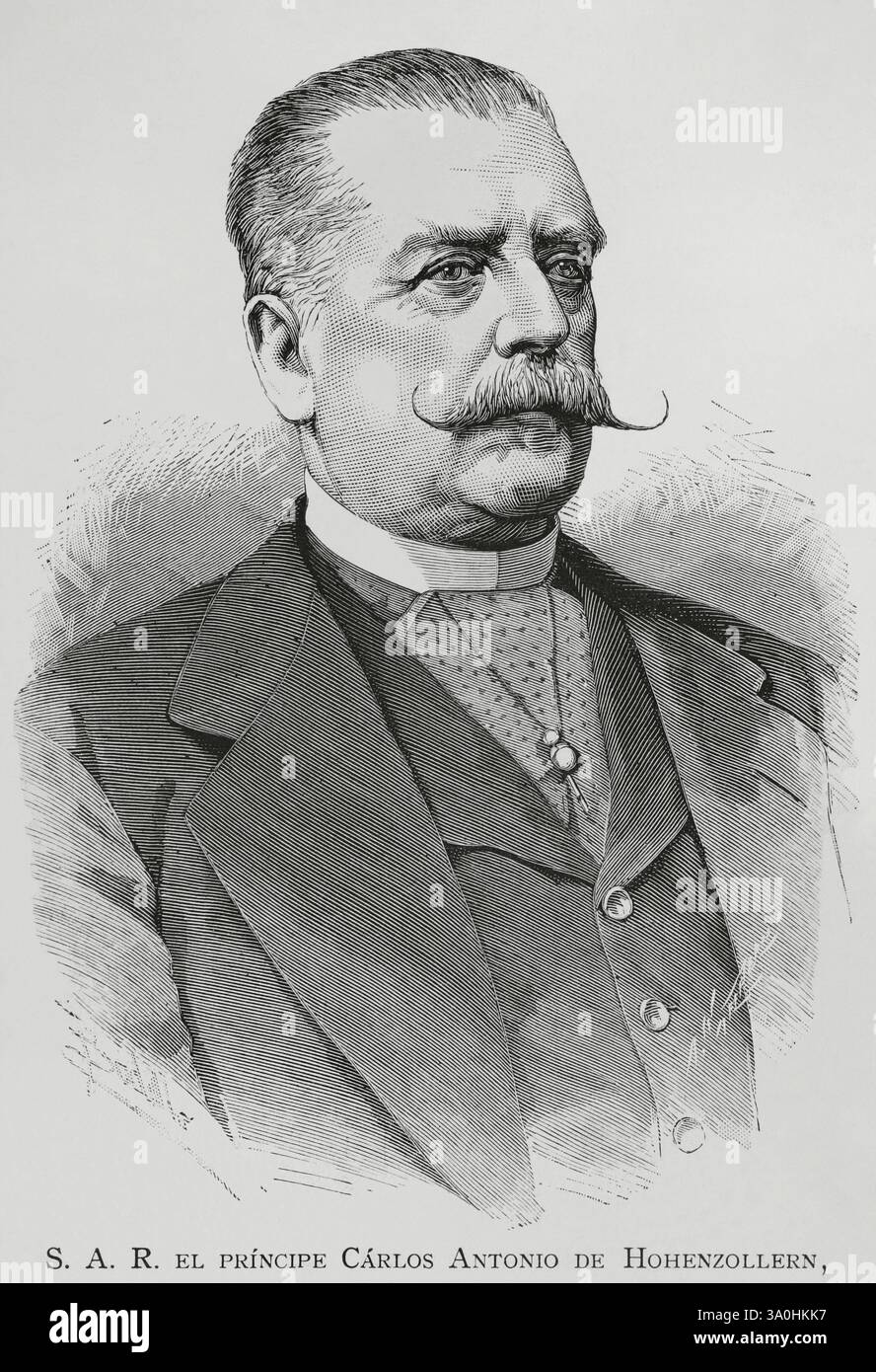 Karl Anton (Karl Anton Joachim Zephyrinus Friedrich Meinrad Fürst von Hohenzollern-Sigmaringen) (1811-1885). Principe di Hohenzollern-Sigmaringen (1848-1849). Ministro-Presidente della Prussia (6 novembre 1858 - 12 marzo 1862). Principe di Hohenzollern (3 settembre 1869 - 2 giugno 1885). Verticale. Disegno di Badillo. Incisione di Arturo Carretero (1852-1903). La Ilustración Española y americana (The Spanish and American Illustration), 1883. Foto Stock