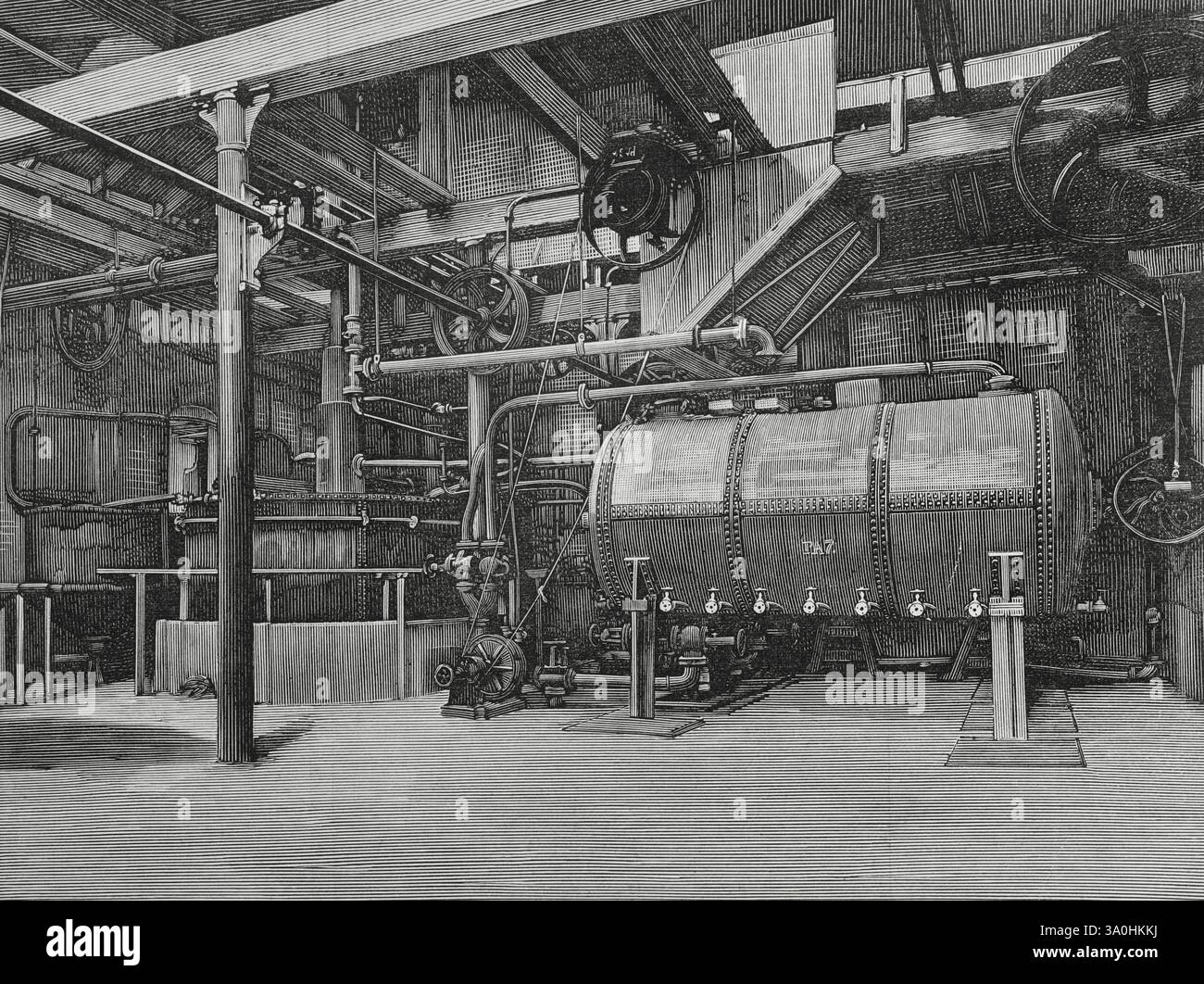 Storia della Spagna. Barcellona, Catalogna. Fabbrica industriale di alcoli di Folch, Albiñana y Compañía. Nel 1874 Joaquim Folch i Solà e Frederic Albiñana i Vila fondarono la società Folch, Albiñana y Cía. per il commercio di cereali. Entrambi i partner hanno visitato le principali fabbriche europee per fondare una distilleria di alcol a Barcellona, costruendola presso il Passeig del Cementiri (ora via Doctor Aiguader). Il macchinario era di origine tedesca, essendo installato sotto la direzione dell'ingegnere M.P. Kyll, di Colonia (Germania). Fu inaugurato nel 1883. C'era un impianto di malto, con magazzini che potevano Foto Stock