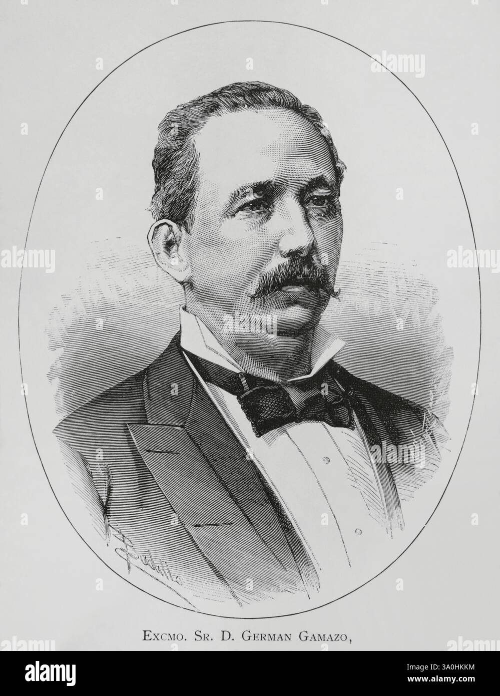 Germán Gamazo Calvo (1840-1901). Politico liberale spagnolo. Ministro dello sviluppo (9 gennaio 1883 - 13 ottobre 1883) durante il regno di Alfonso XII, ministro delle finanze (1892) e ministro d'oltremare durante la reggenza di Maria Cristina d'Asburgo-Lorena (1885-1902). Verticale. Disegno di Badillo. Incisione di Arturo Carretero. La Ilustración Española y americana, 1883. Foto Stock