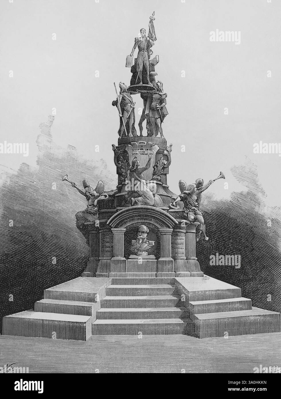 Simón Bolívar (1783-1830). Figura militare e politica venezuelana, nota come El Libertador (il liberatore). Gruppo scultoreo, in bronzo e marmo, che i consoli venezuelani all'estero hanno dedicato alla memoria di Bolívar in occasione della celebrazione del Centenario, 24 luglio 1883. Bolivar è raffigurato portato sulle spalle di quattro statue allegoriche, che rappresentano l'amore della Patria, la libertà, l'emancipato Sud America e la schiavitù. Ai lati della statua ci sono due vittorie alate che giocano il clarion of Fame e proclamano le gesta del Liberatore d'America. Disegna da Foto Stock