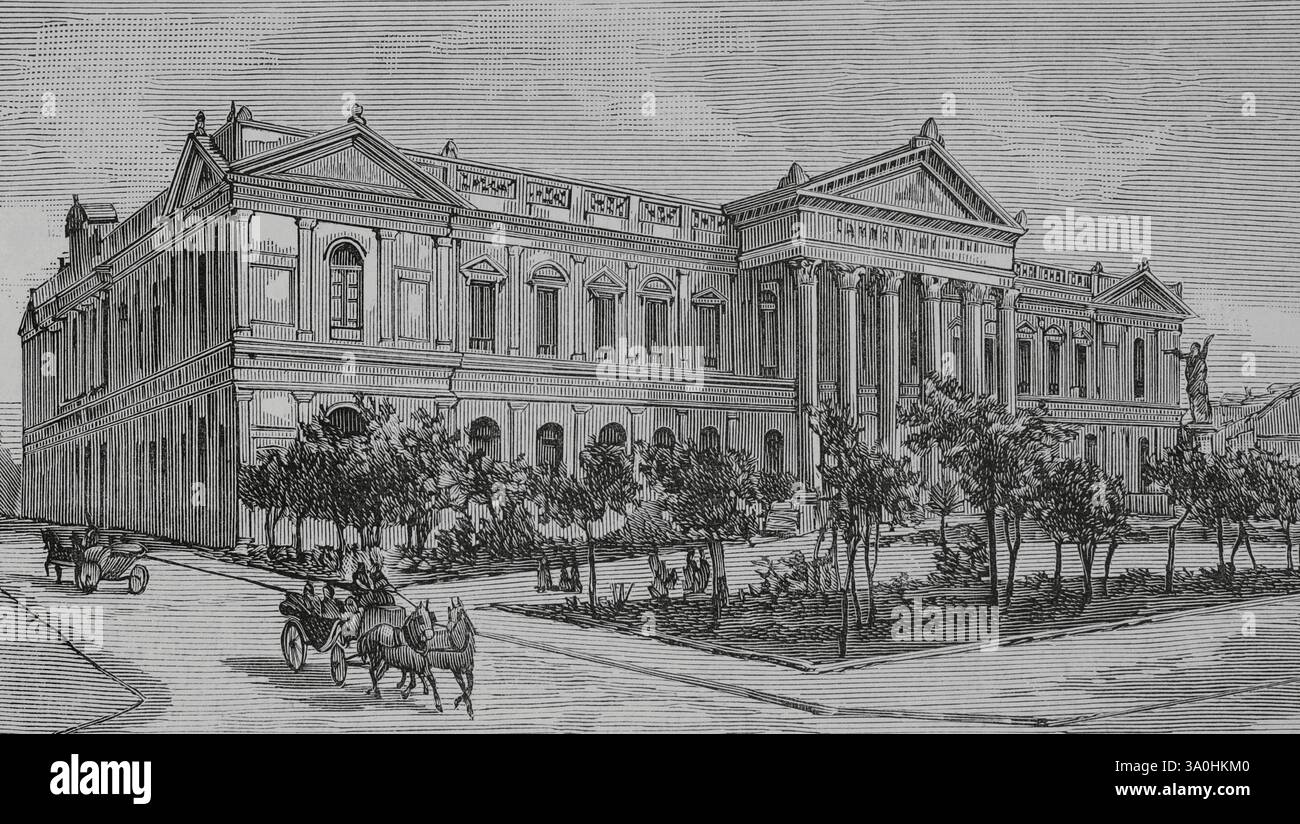 Santiago (Santiago del Cile), Cile. Ex edificio del Congresso Nazionale. Fu la sede delle due camere del Congresso Nazionale dal 1876 al 1973. I progetti per l'edificio furono elaborati dall'architetto francese Claude-Francois Brunet Debaines (1799-1855), e la costruzione iniziò nel 1857 sotto la direzione di Lucien Hénault (1823-1908). Nel 1860, la costruzione fu interrotta a causa della mancanza di risorse. Nel 1870 i suoi lavori furono riavviati dall'ingegnere cileno Manuel Aldunate (1815-1904). Infine l'edificio fu completato dall'architetto italiano Eusebio Chelli (1820-1890). E' stato inaugurato il giorno J. Foto Stock