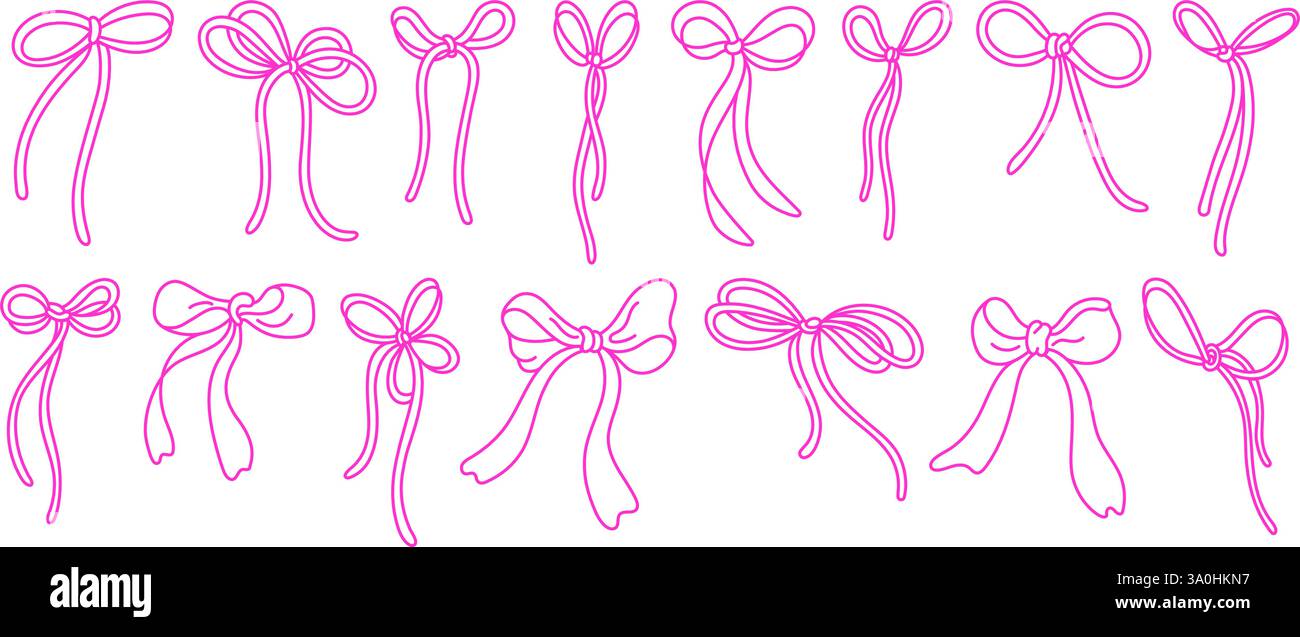 Linea di prua impostata. Nastri rosa, fiocchi rosa seta per ragazza. Accessorio intrecciatura per capelli di schizzo vettoriale. Presenza di nodi e avvolgimento isolato. Illustrazione semplice Illustrazione Vettoriale