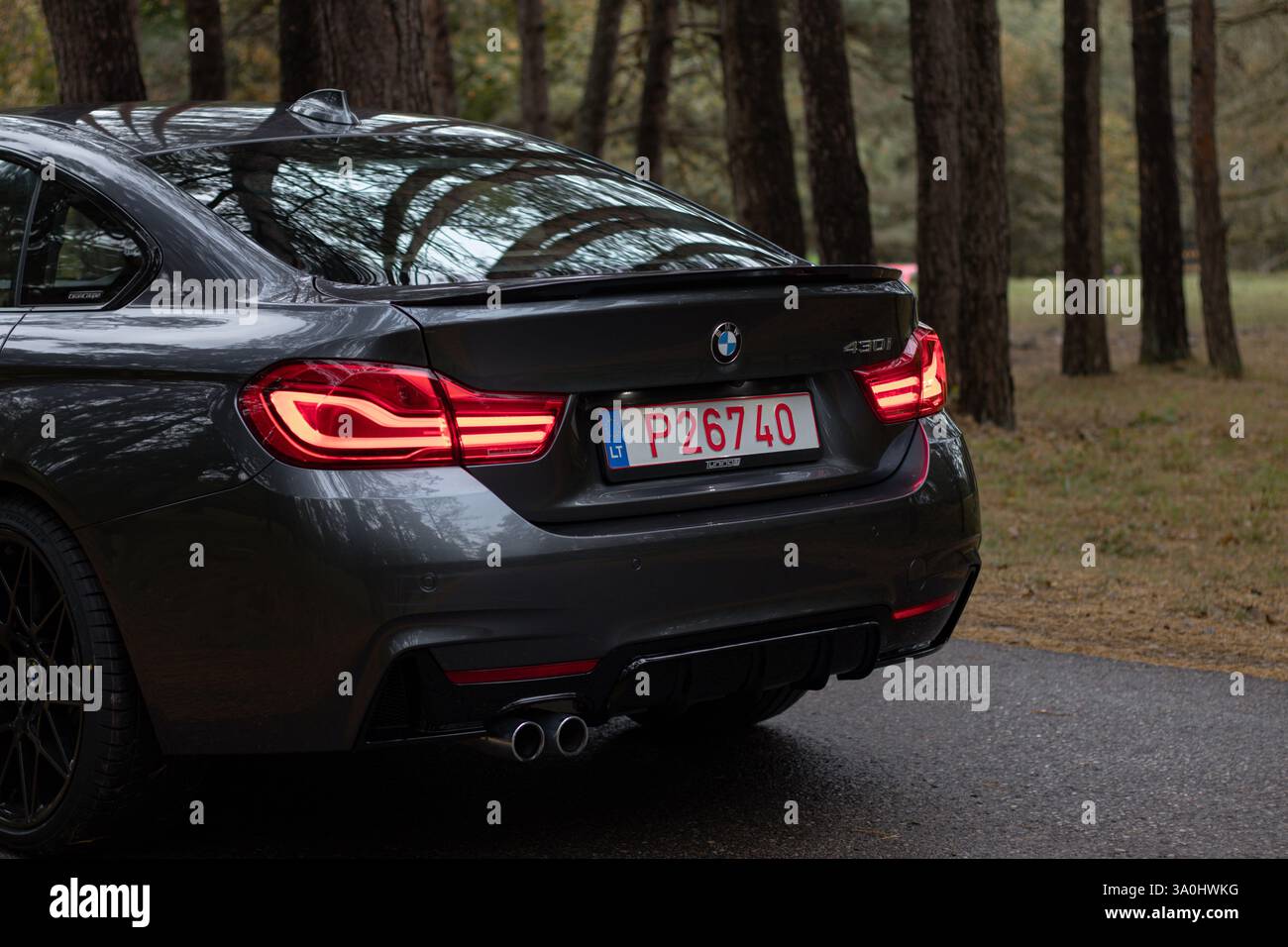 BMW 430i Gran Coupe (F36) in mineralgrau metallico, vista posteriore angolare a Vilnius, Lituania, 5 ottobre 2024. Parcheggiato su una strada panoramica con luci di posizione posteriori a LED Foto Stock
