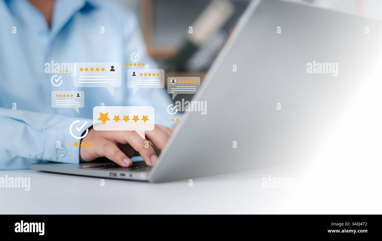 Opinione concetto del sondaggio sulla soddisfazione dei clienti, applicazione online per la valutazione dell'esperienza e del servizio clienti, revisione del feedback sulla soddisfazione, qualità eccellente Foto Stock