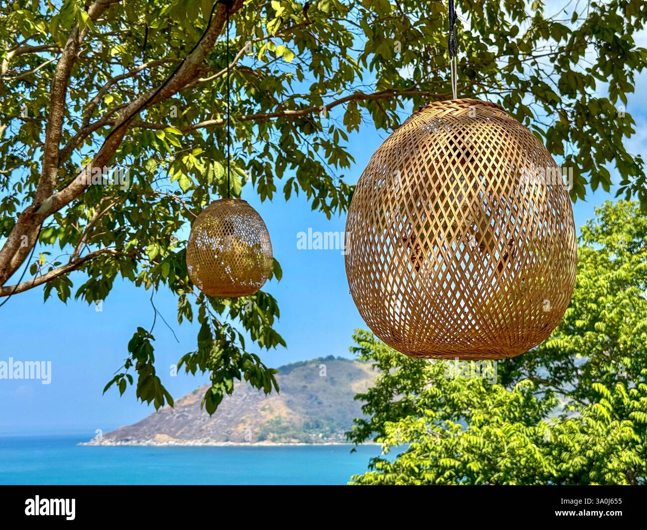 Lanterne di bambù intrecciate a mano che si affacciano sull'Oceano 2 due lanterne di bambù intrecciate intricatamente pendono da un ramo d'albero, che ondeggiano dolcemente contro uno splendido bac Foto Stock