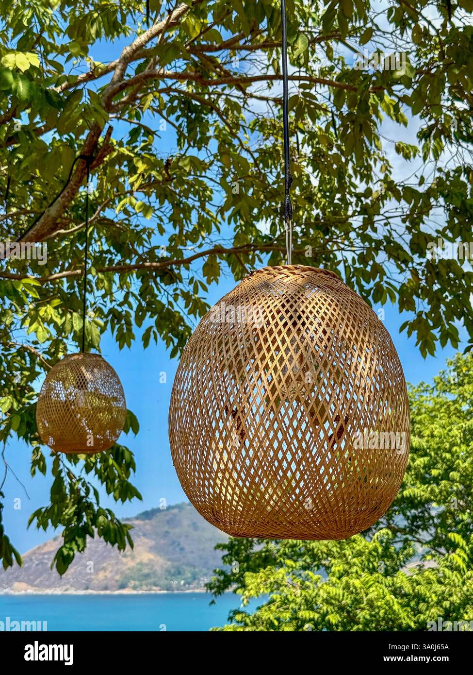 Lanterne di bambù intrecciate a mano che si affacciano sull'Oceano due lanterne di bambù intrecciate intricatamente pendono da un ramo d'albero, che ondeggiano dolcemente contro un dorso meraviglioso Foto Stock