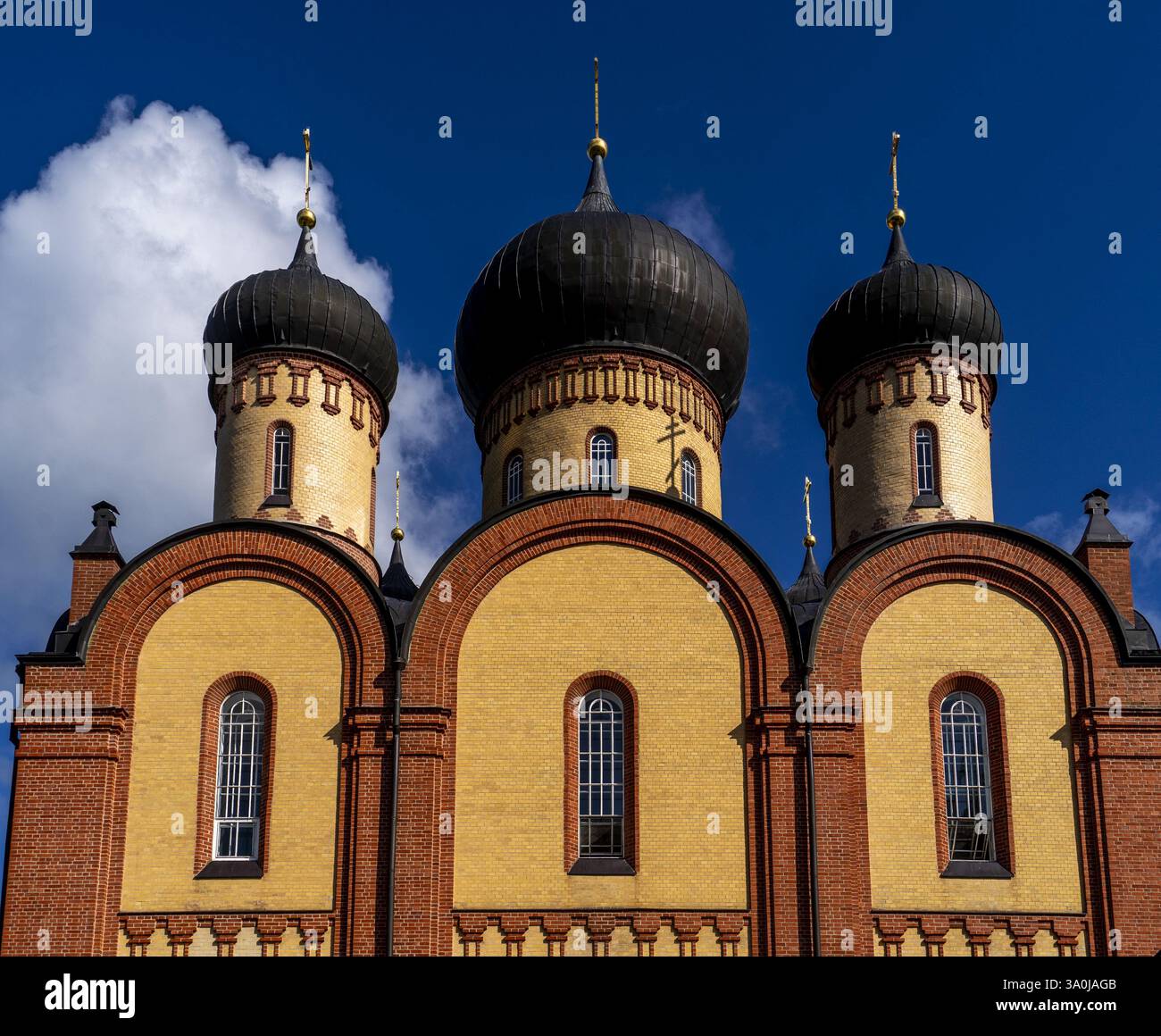 Una vista ravvicinata di una struttura architettonica unica caratterizzata da tre cupole prominenti con sommità nere, adagiate su un cielo blu con soffici nuvole. Il bu Foto Stock