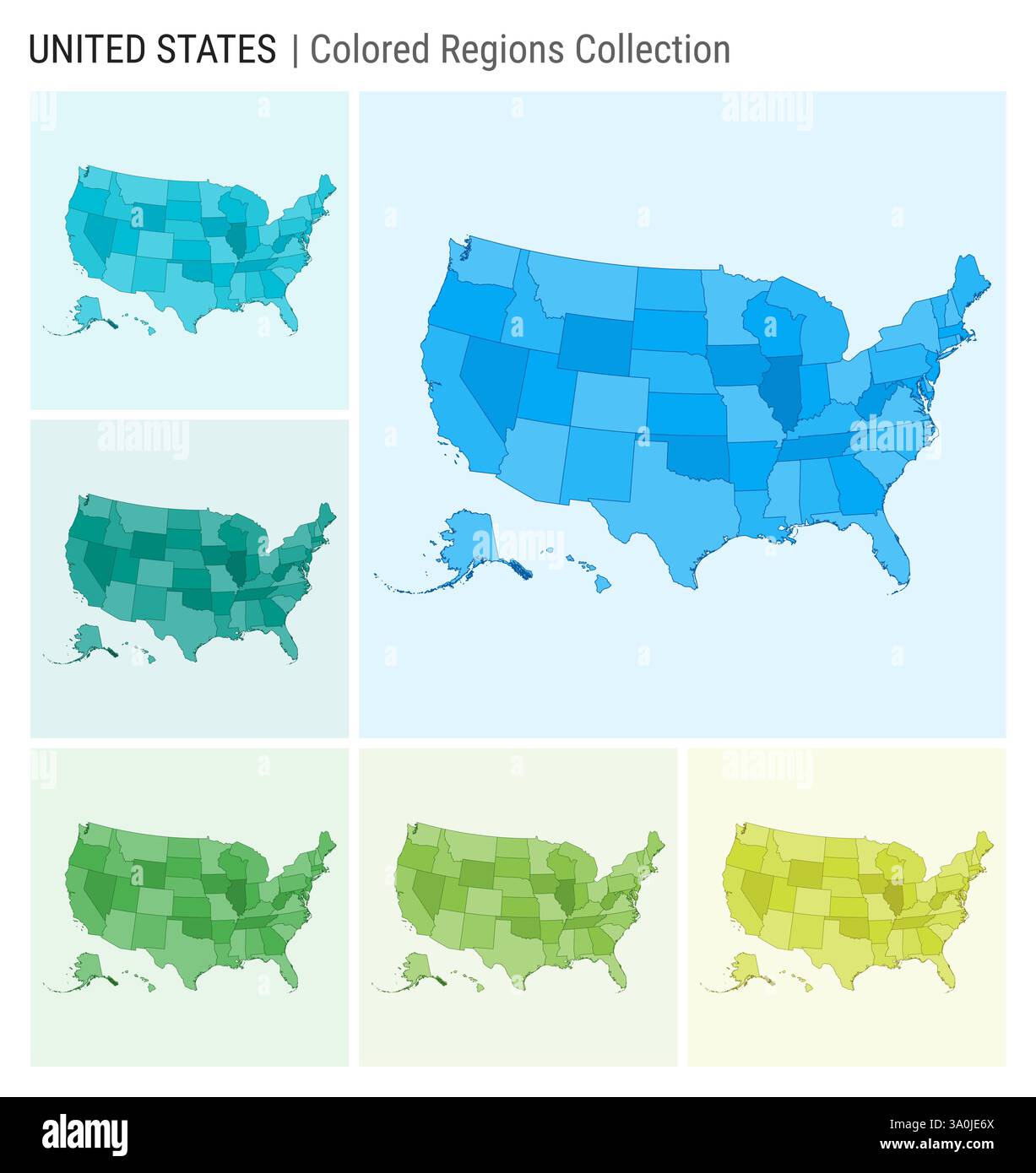 Collezione di mappe USA. Forma del paese con regioni colorate. Azzurro, ciano, verde, verde chiaro, tavolozze di colori lime. Illustrazione Vettoriale