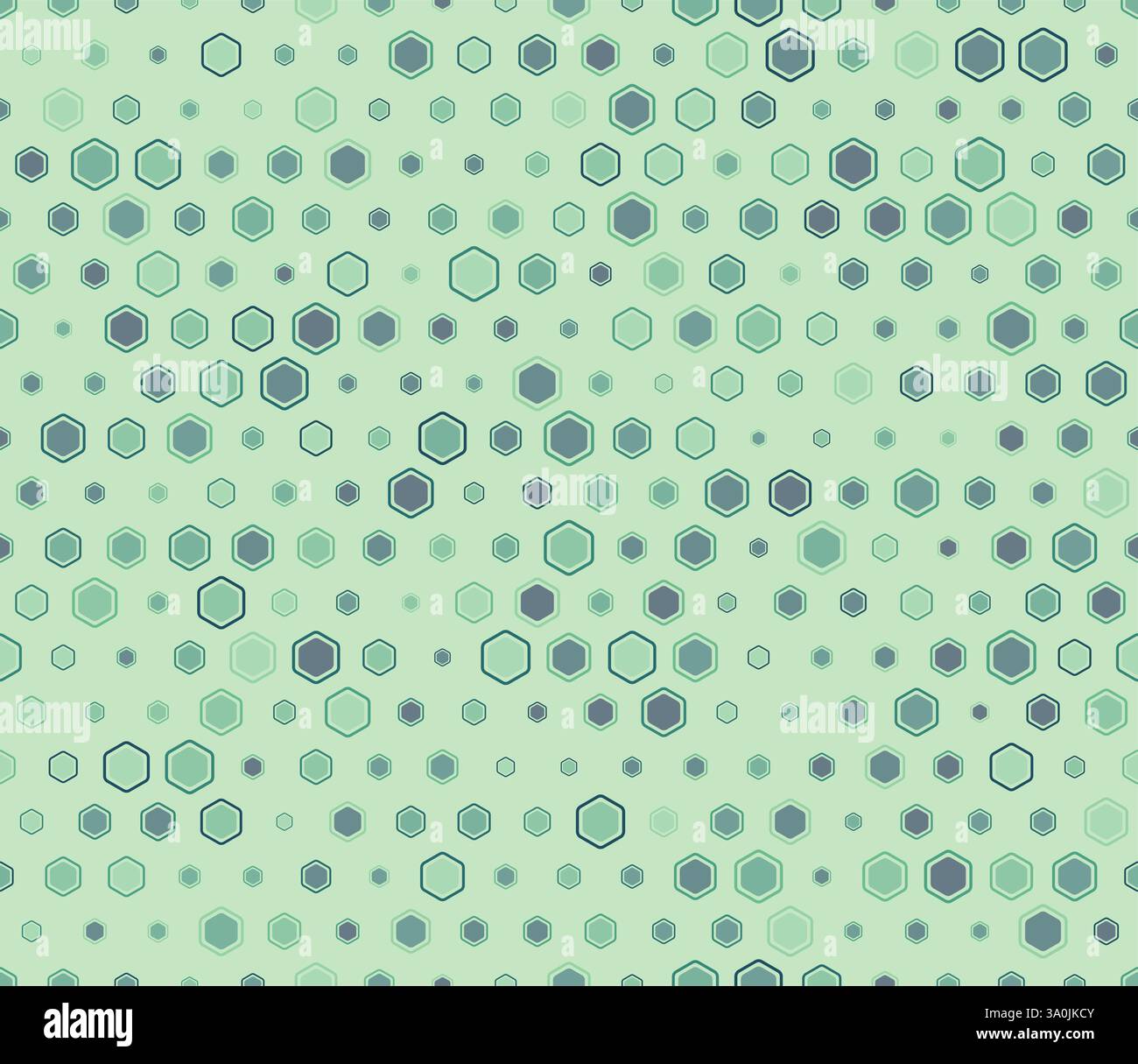 Ripetizione geometrica senza cuciture. Elementi geometrici multicolori di varie dimensioni. Esagoni arrotondati in grassetto celle a mosaico con imbottitura e celle solide interne. Illustrazione Vettoriale