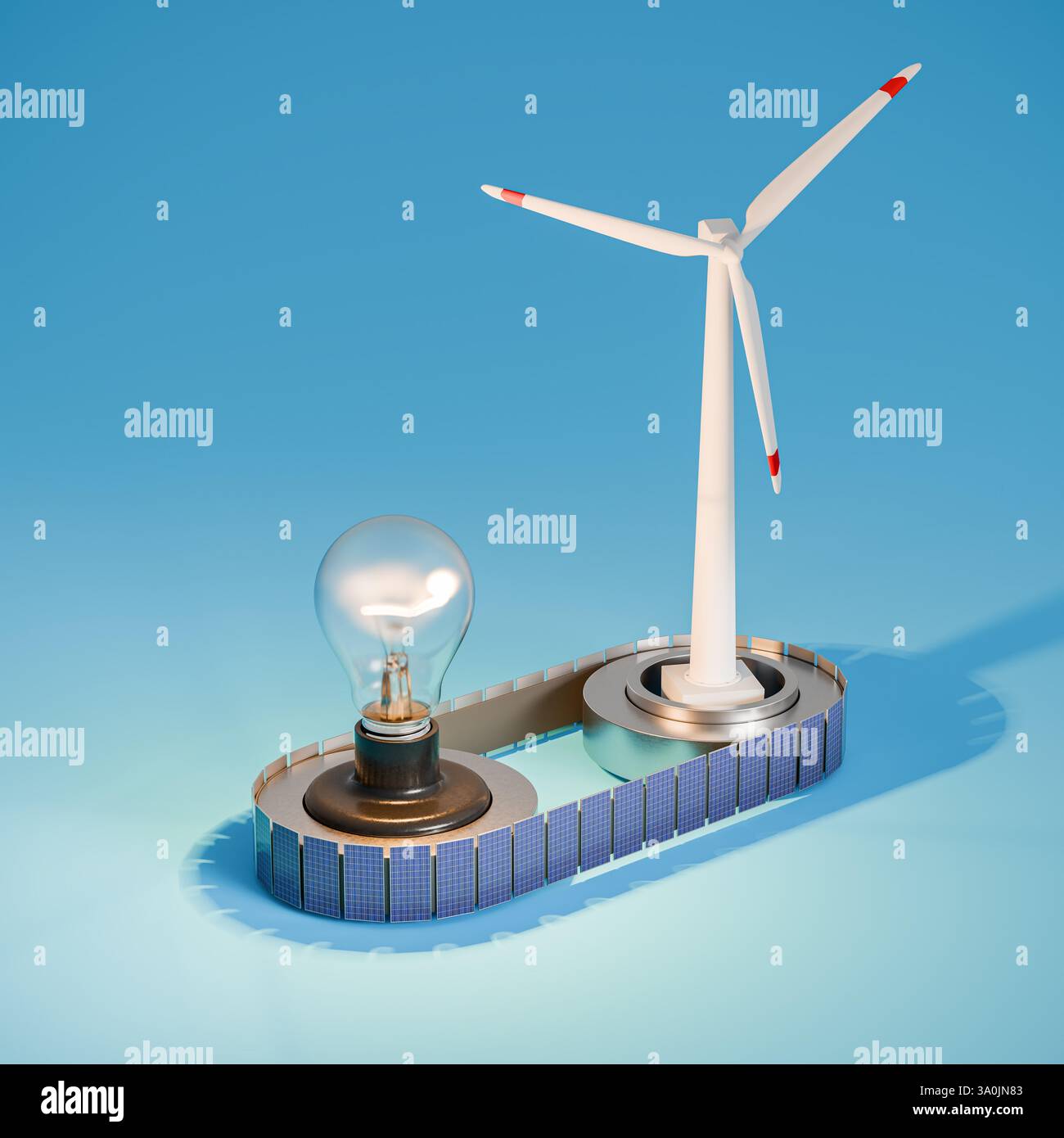 Concetto di energia rinnovabile: Un mulino a vento e pannelli solari collegati a un nastro trasportatore alimentano una lampadina brillante. Foto Stock