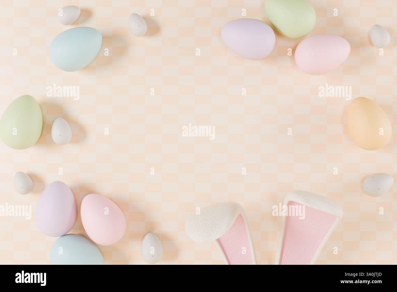 Immagine a tema orientale con uova colorate e orecchie conigliette su un morbido sfondo pastello. rendering 3d. Foto Stock