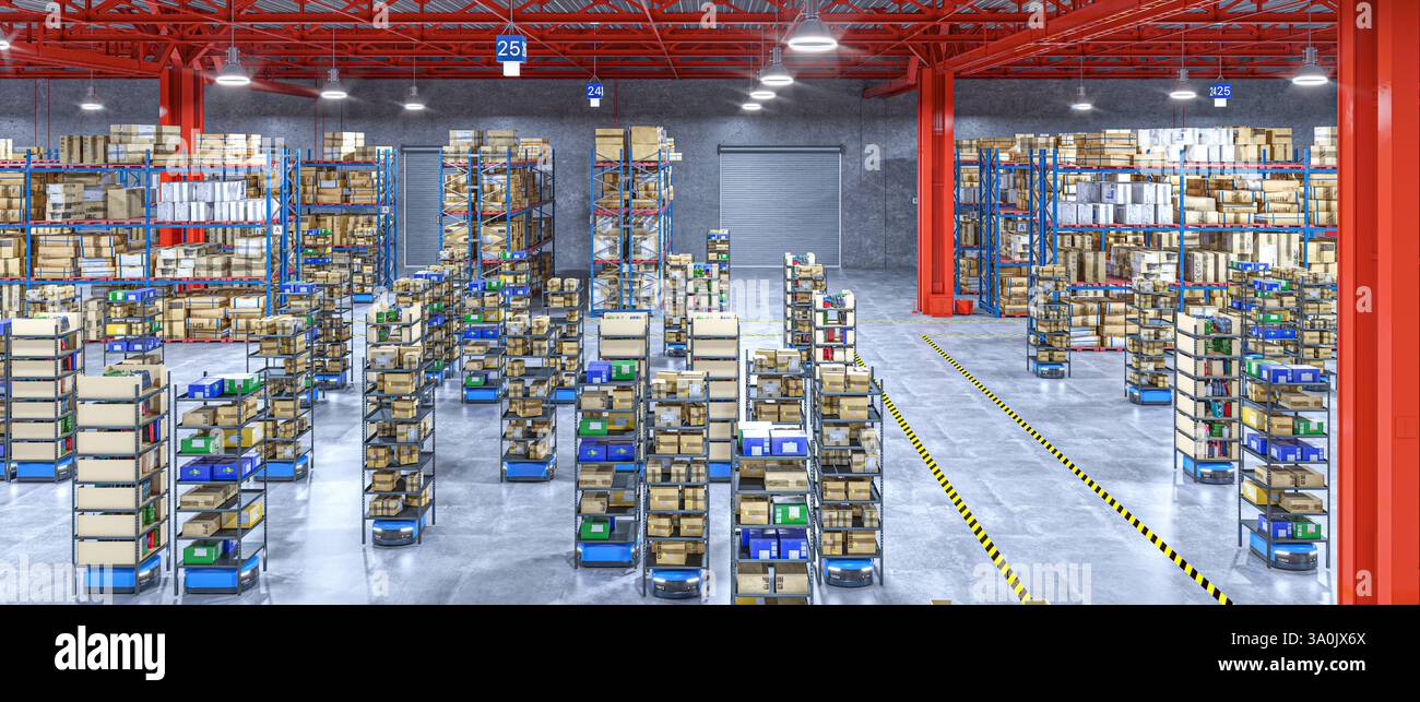 veicoli a guida automatica 3d che trasportano scaffali in un moderno magazzino Foto Stock