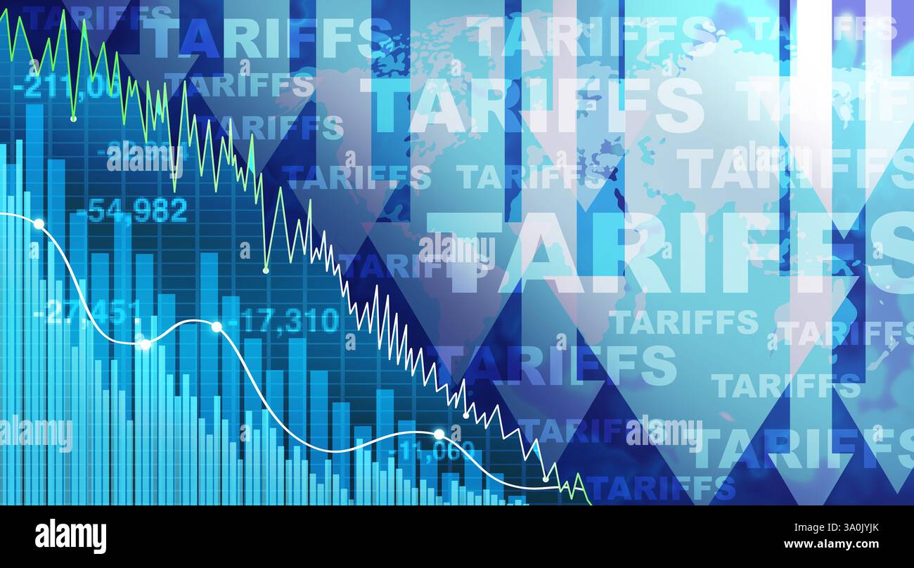 Tariffe e crollo del mercato azionario e calo economico o calo dei prezzi azionari a causa di guerre tariffarie che hanno portato all’inflazione e al declino economico con Foto Stock