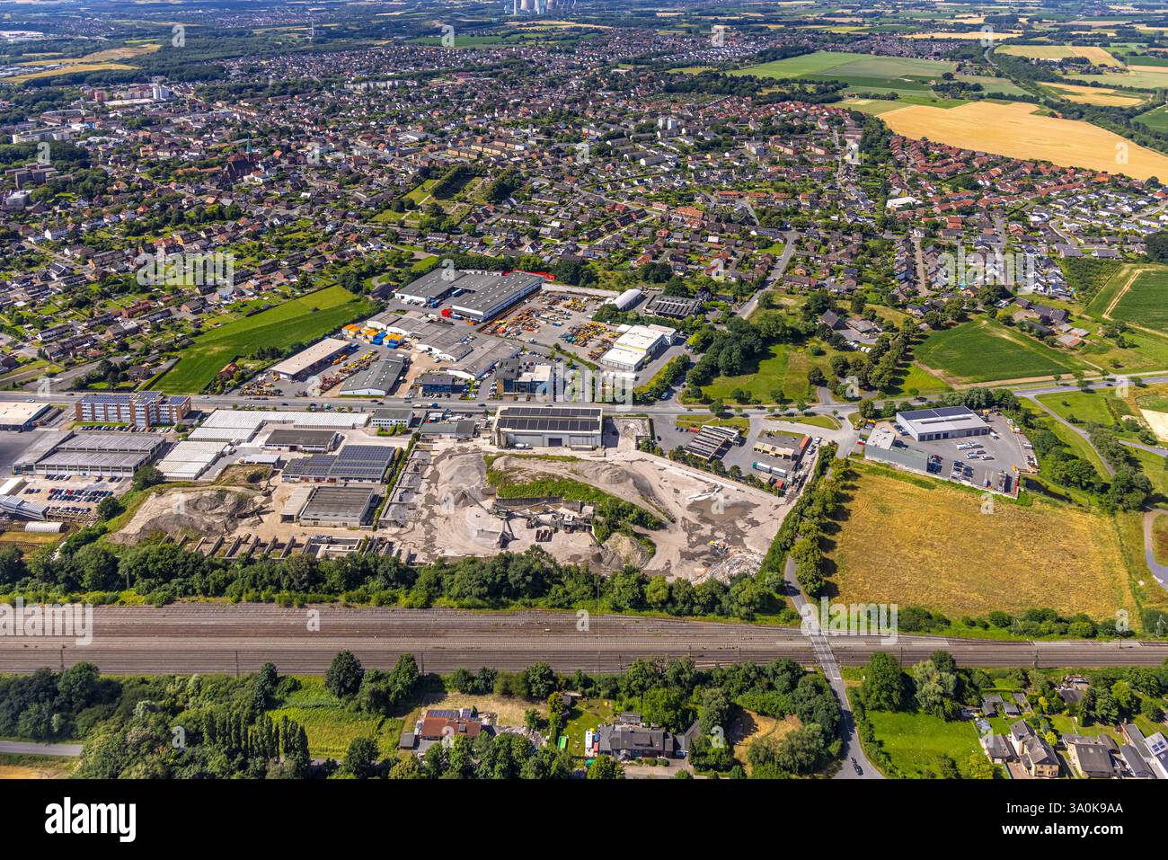Vista aerea, zona industriale di Römerstraße, zona residenziale di Bockum-Hövel, Hamm, zona della Ruhr, Renania settentrionale-Vestfalia, Germania Foto Stock