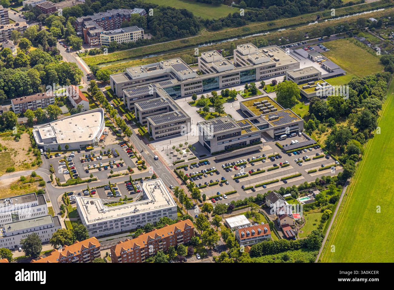Vista aerea, campus HSHL Hamm-Lippstadt University of Applied Sciences Hamm, cantiere e nuovo edificio sci:Q Science Quarter Paracelsuspark, Foto Stock