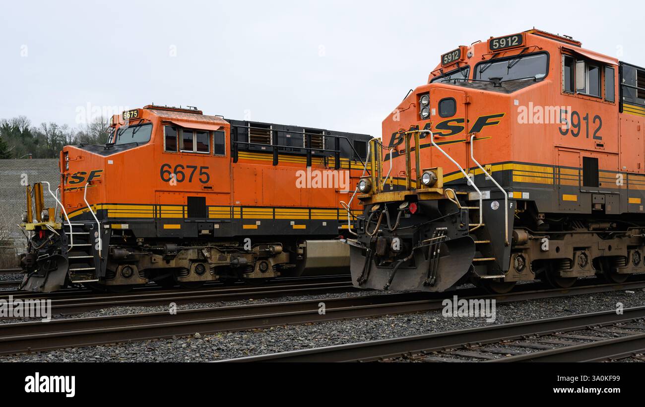Seattle - 23 febbraio 2025; coppia di locomotive merci diesel BNSF in livrea arancione con logo in Swoosh Foto Stock