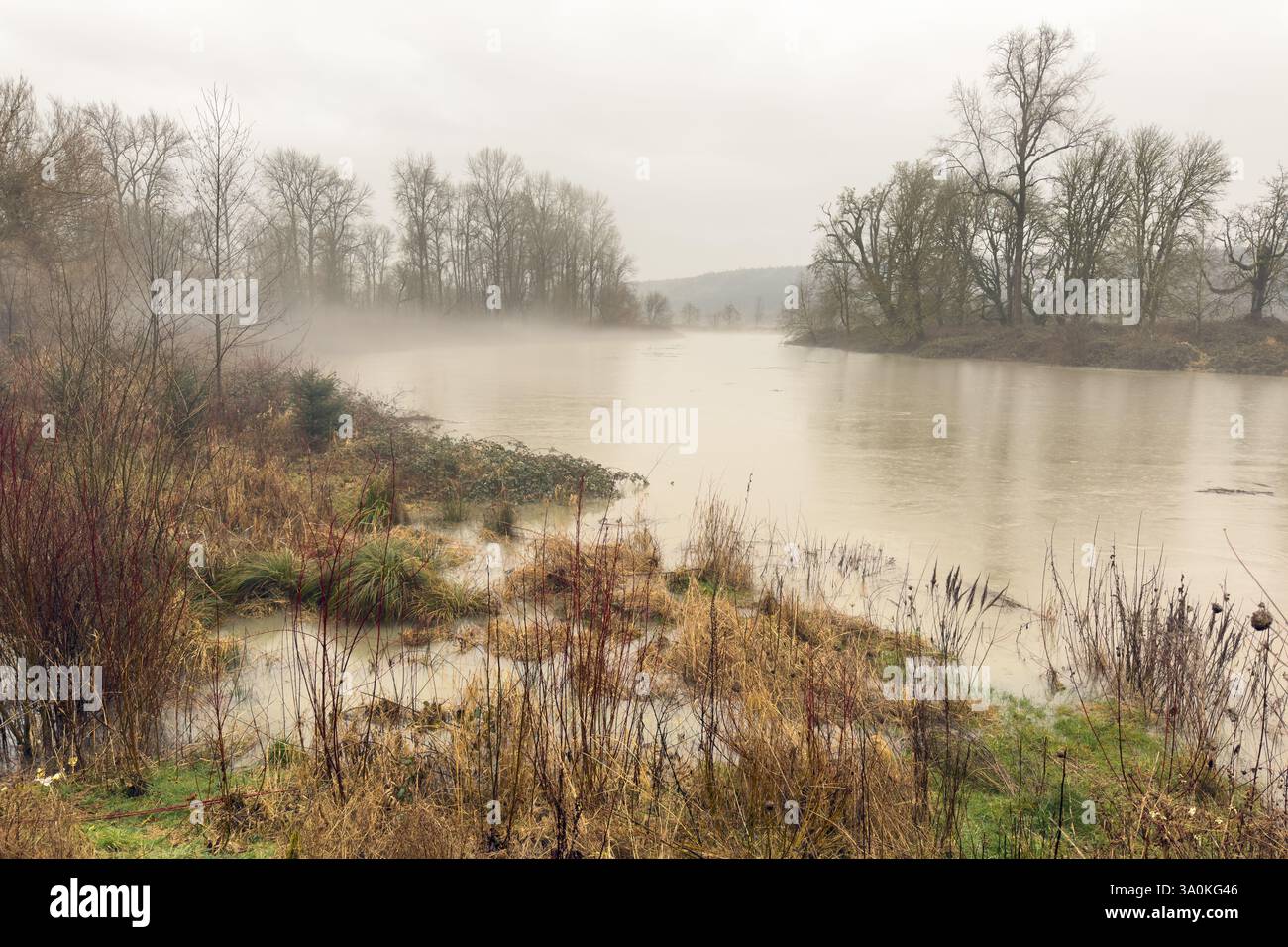 Fiume che scorre vicino al palco delle inondazioni con pioggia battente oltre il paesaggio invernale Foto Stock