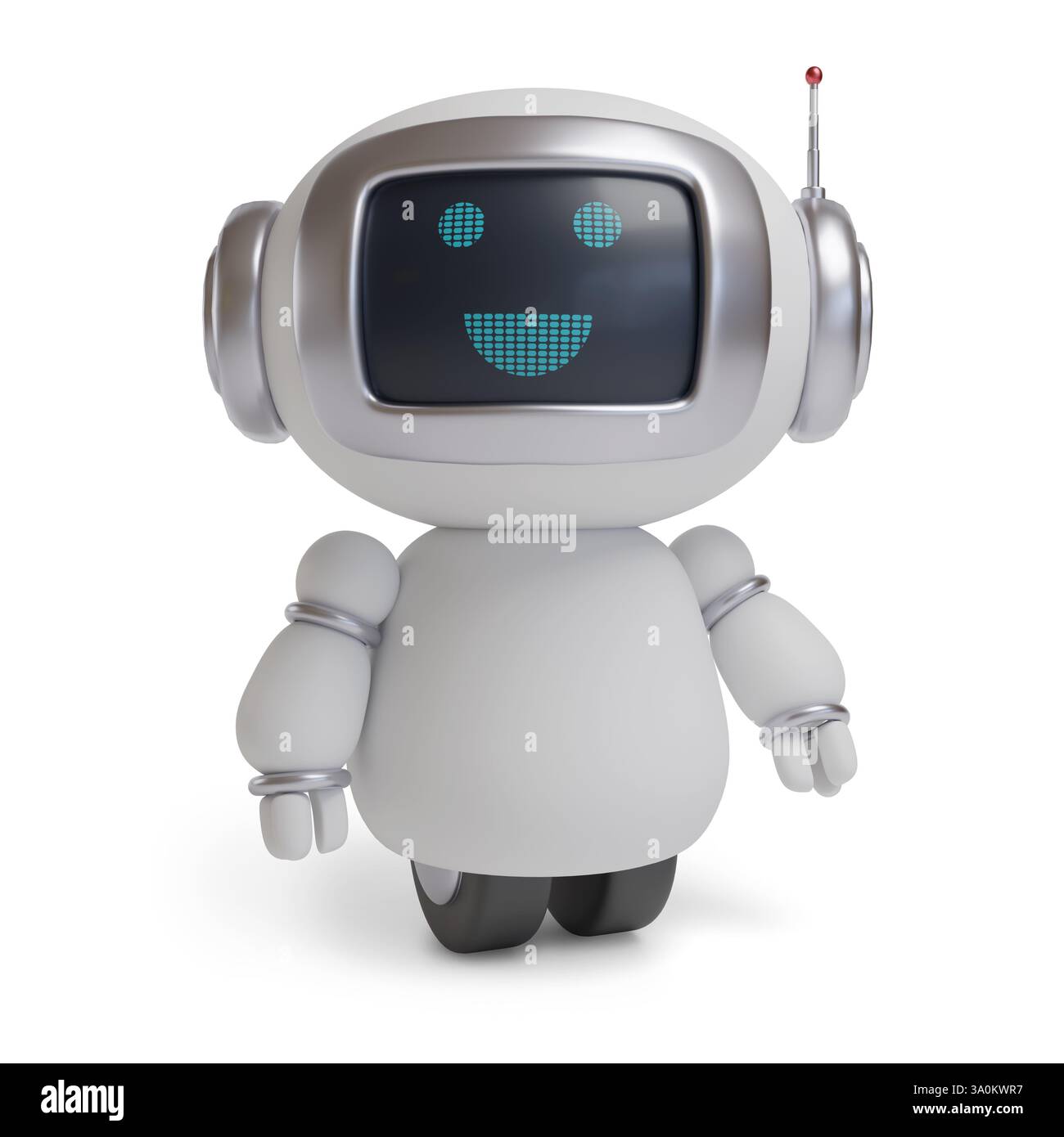Grazioso robot felice isolato su sfondo bianco. illustrazione 3d. Foto Stock