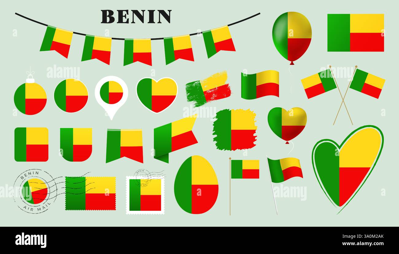 set bandiera benin. Collezione di varie bandiere nazionali con forme diverse come cuore, scudo, uovo di pasqua, posizione, cerchio, postmark, grunge, square, rou Illustrazione Vettoriale