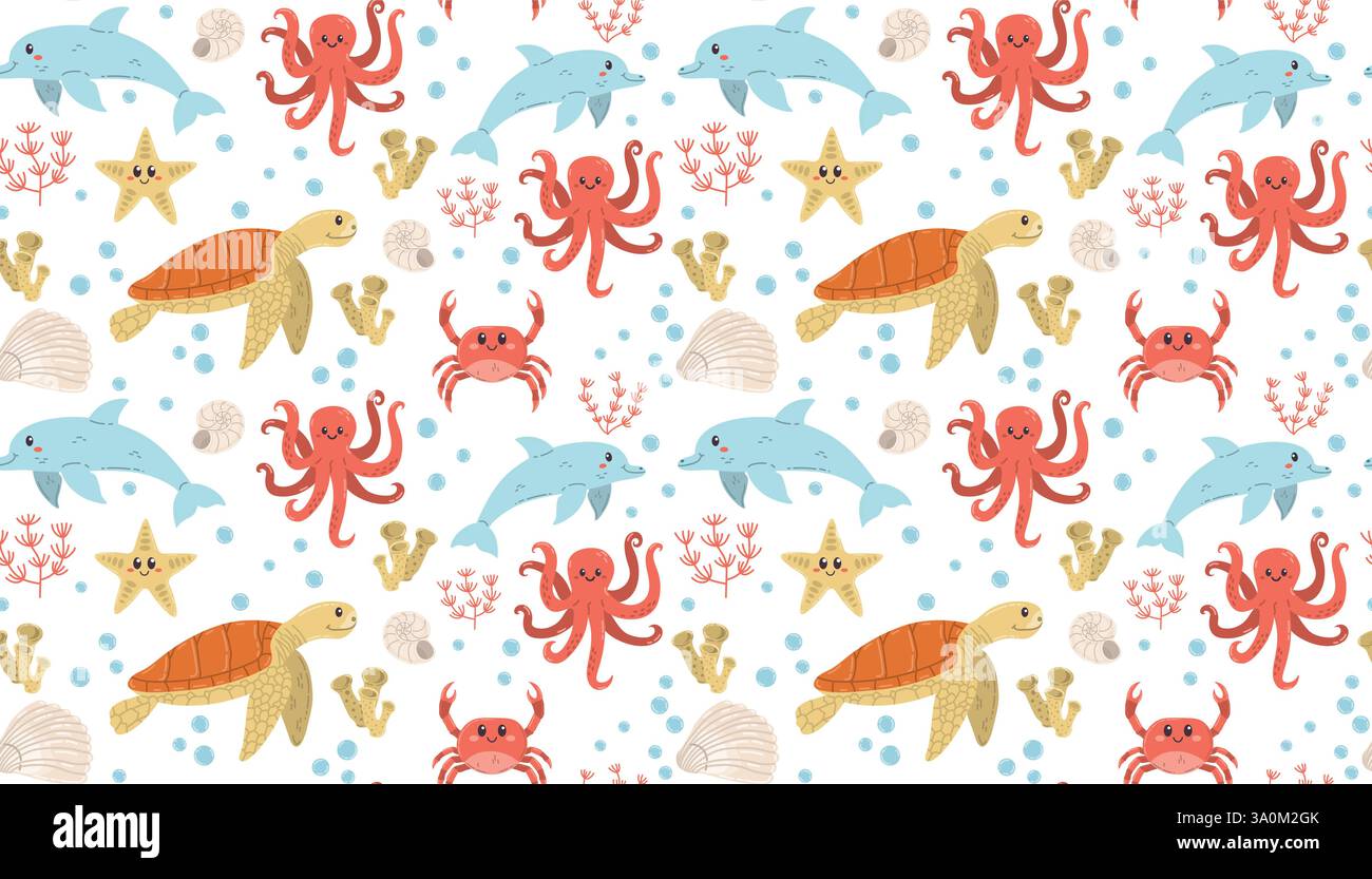 Giocosi animali marini danzanti. Tartarughe, delfini, polpi e granchi senza cuciture possono essere utilizzati per la decorazione dello sfondo e il design dell'abbigliamento. Illustrazione Vettoriale
