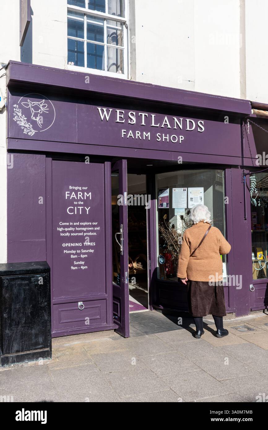 Westlands Farm Shop a Winchester High Street, Hampshire, Inghilterra, Regno Unito, con una donna che guarda alla finestra Foto Stock