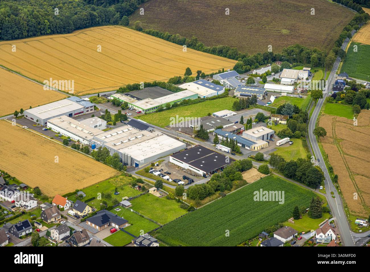 Vista aerea, zona industriale Zur Lütgenheide, Suttrop, Warstein, Sauerland, Renania settentrionale-Vestfalia, Germania Foto Stock