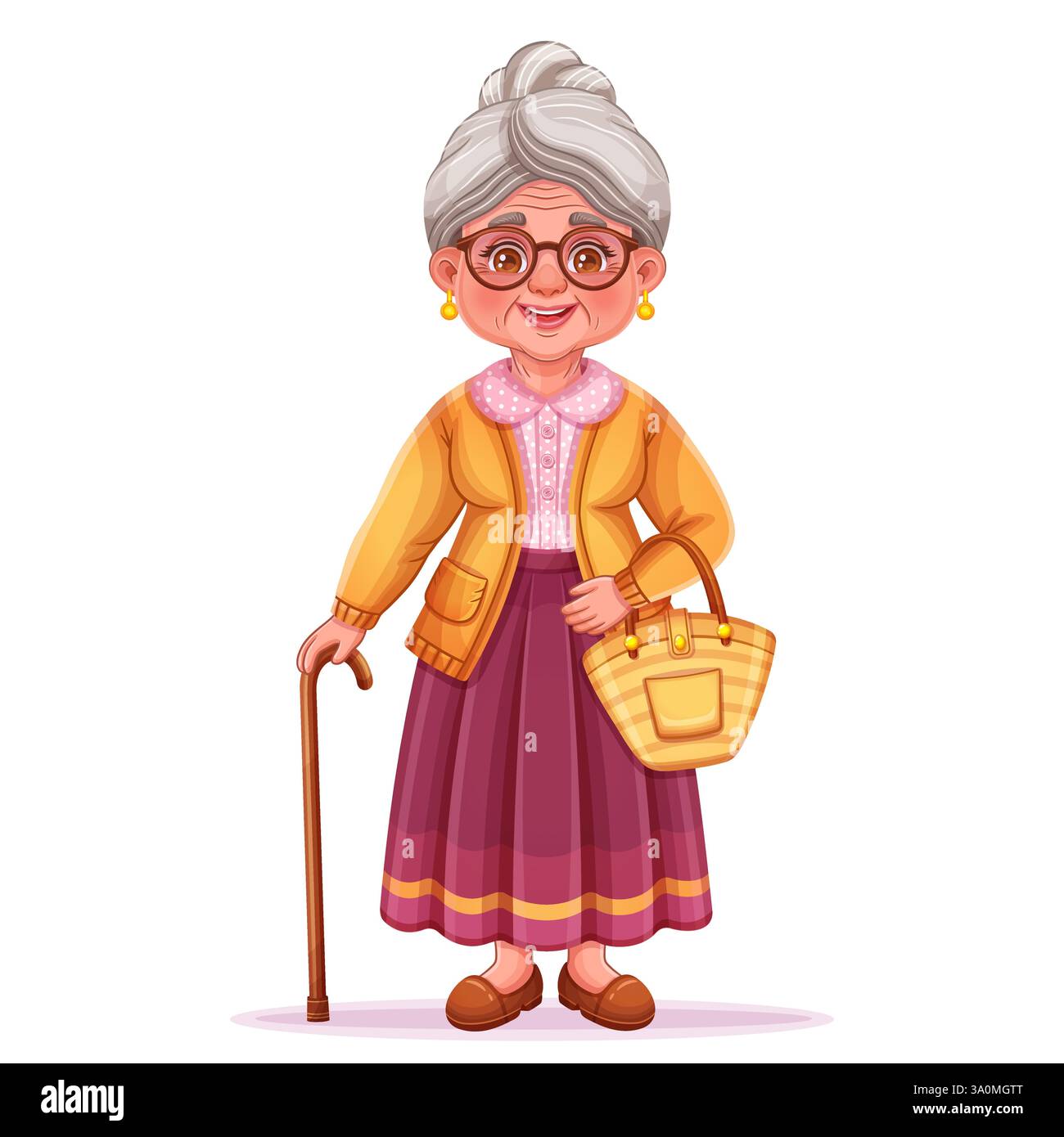 Bella nonna vecchia donna, nonna anziana con cane da passeggio. Felice giornata dei nonni. Simpatico personaggio di nonna, persona anziana. Vettore madre anziano Illustrazione Vettoriale