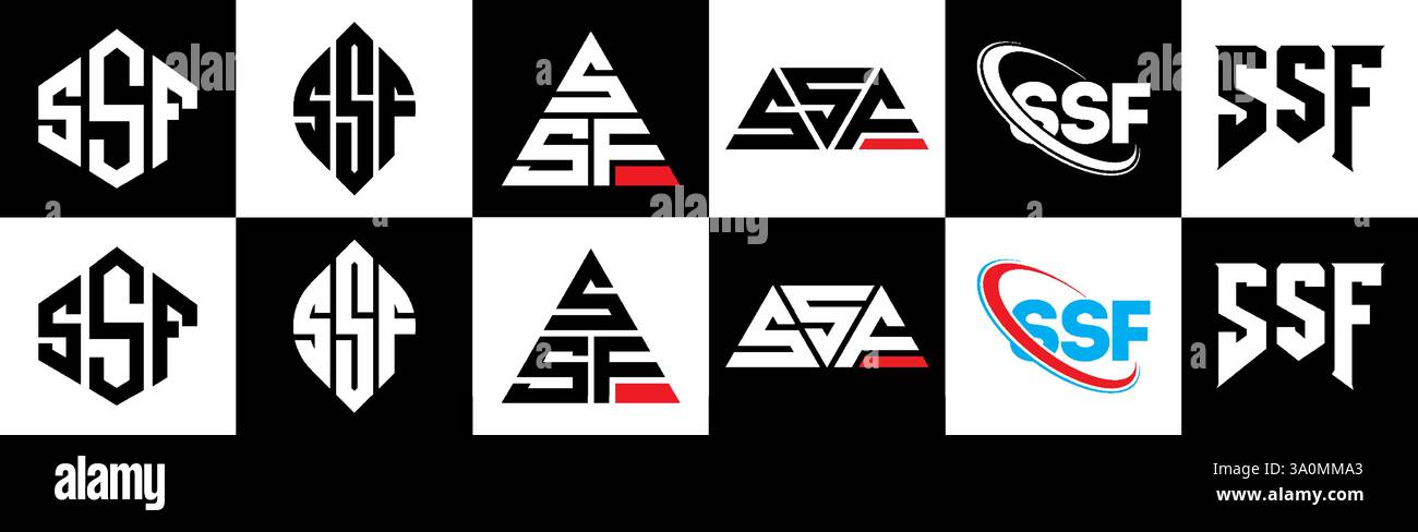 Logo SSF Letter in sei stili. Poligono SSF, cerchio, triangolo, esagono, piatto e semplice con logo lettera di variazione colore bianco e nero Illustrazione Vettoriale